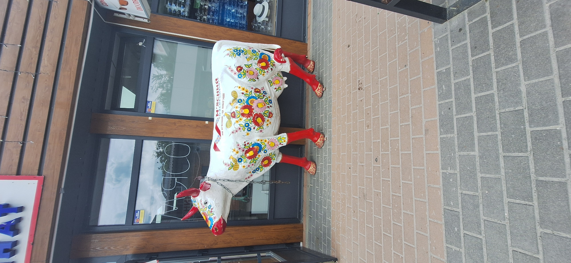 A white, life-sized statue of a cow is displayed outdoors in front of a store. The cow is decorated with vibrant, folk-art style floral patterns in red, yellow, blue, and green. Its hooves and lower legs are painted bright red, with gold detailing at the top of the hooves. A silver chain is attached to the cow's neck. The cow is positioned on a sidewalk paved with light brown and gray bricks. Behind the cow, there is a storefront with large windows and wooden accents. Some reflections of trees and the sky are visible in the windows. A sign with blue lettering is partially visible on the left side of the image. Text on the side of the cow reads "МИ М'ЯСНИЙ - ЦЕ ВИБІР НАС!". The scene appears to be outdoors during the daytime, with overcast or neutral lighting. The overall mood is decorative and whimsical.