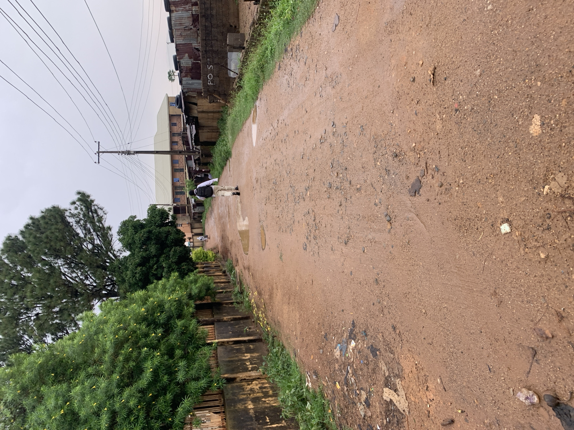 The image, taken in Rafin Par, Nigeria, captures a wide, unpaved reddish-brown dirt road under an overcast sky. Signs of recent rain are evident, with several shallow puddles scattered along the road's surface. The road, textured with gravel and small stones, extends into the distance under soft, diffused daylight.
In the middle ground, a person dressed in a light-colored uniform with a dark backpack walks away from the camera, heading down the road. Another distant figure is barely visible further ahead.
To the left, the road is bordered by lush green vegetation, including dense bushes adorned with small yellow flowers and several tall, verdant trees, notably a prominent evergreen. A dark, weathered concrete retaining wall or a series of steps runs alongside this green expanse, partially obscured by the foliage.
On the right side of the road, various structures are visible, including buildings constructed with corrugated metal sheets and brickwork. A substantial wooden utility pole stands prominently on this side, supporting a complex network of overhead power or communication lines that stretch across the cloudy sky. Faint white letters, "PO S," are painted on a wall segment of one of the buildings. The scene conveys a calm, everyday moment in a residential or semi-urban area, characterized by functional infrastructure and natural elements under a muted sky.