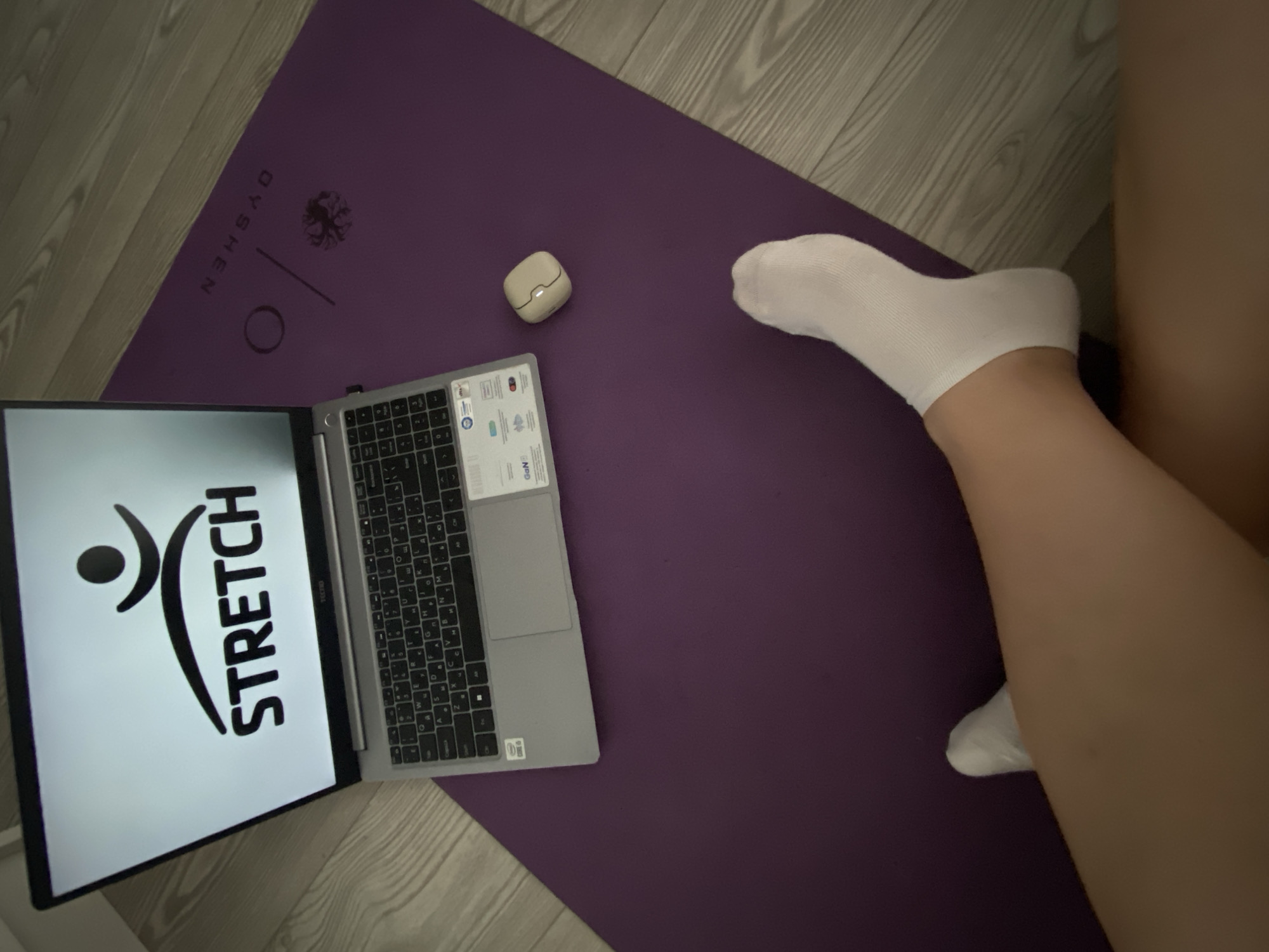 The image shows a laptop displaying the word "STRETCH" in large letters, positioned on a purple yoga mat. Adjacent to the laptop is a small, possibly wireless mouse. A person's legs, clad in white socks, are also visible on the mat. The mat rests on a wooden floor. The logo "DYSHEM" is printed on the yoga mat. There is no evidence to identify the location as Sochi, Russia.