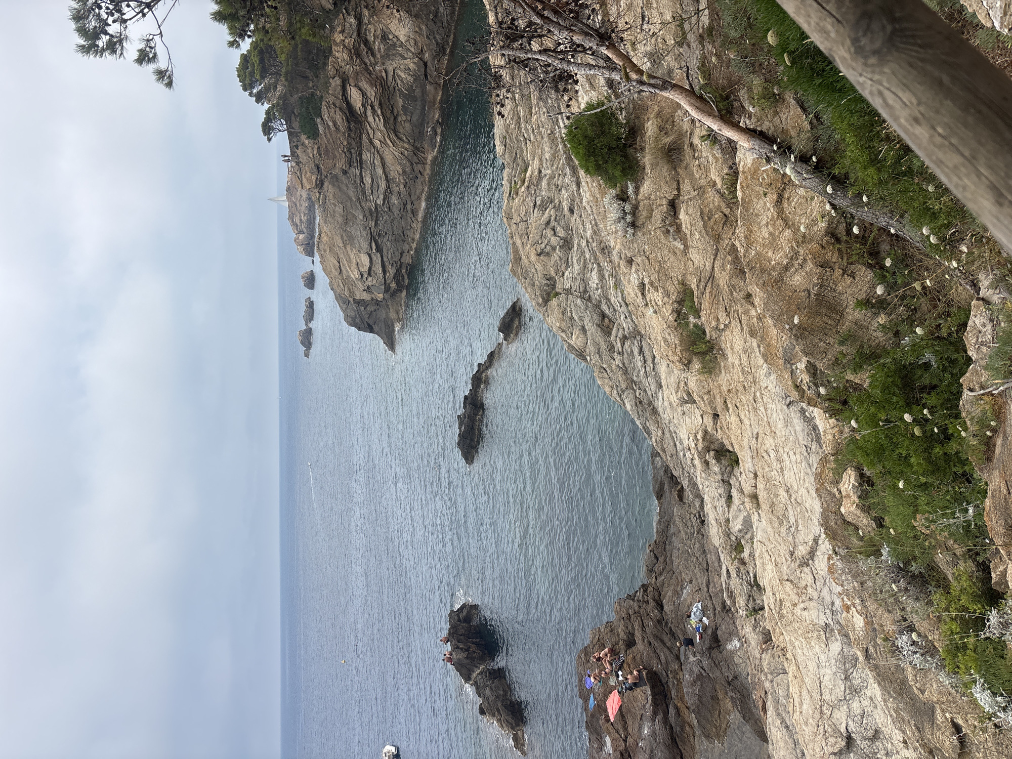 This image depicts a rocky coastline with people sunbathing on the rocks and swimming in the sea. The scene is set in the city of Begur, Spain, specifically at the Aiguablava cove, a popular tourist destination known for its crystal-clear waters and dramatic cliffs.
In the foreground, several individuals are scattered across the rocky shore, some lying on towels or sunbathing, while others appear to be relaxing. The water is a deep blue, with small waves lapping against the rocks. Further out, a small boat can be seen navigating the calm sea.
The coastline is characterized by its rugged, sun-baked rocks, interspersed with patches of green vegetation. In the mid-ground, a cluster of rocks juts out from the sea, providing a natural platform for some of the sunbathers. The background features a larger rocky outcrop, where a few more people are visible, enjoying the panoramic views. The sky is overcast, with a pale grey hue.
The overall atmosphere is one of a serene summer day, with people enjoying the natural beauty of the Mediterranean coast.