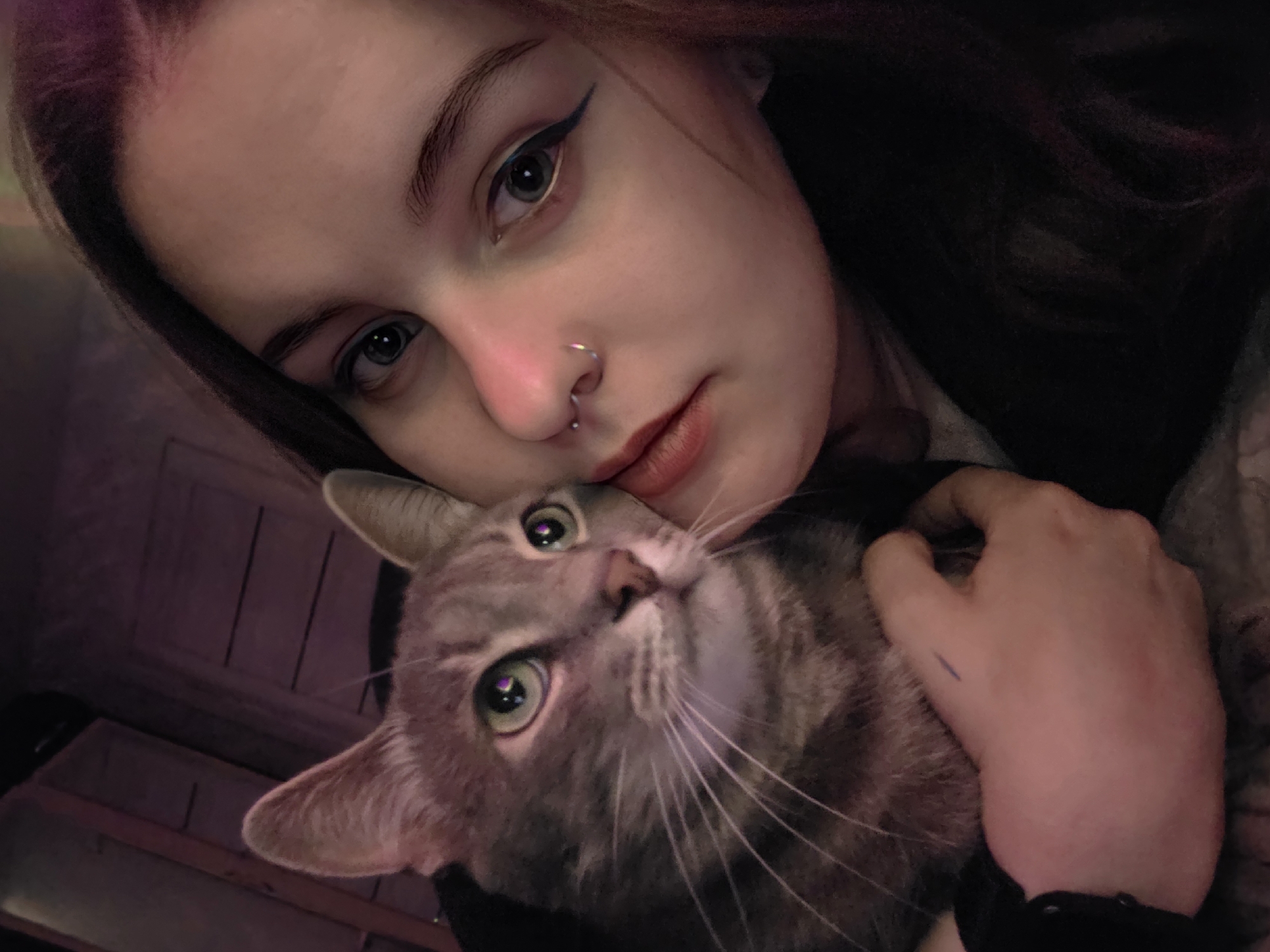 An overhead, close-up, selfie-style shot shows a young person holding a gray tabby cat. The person, facing the camera, has dark brown hair and appears to be wearing dark clothing. Their face is turned slightly to the right, with their eyes looking forward. They have a septum piercing and what appears to be eyeliner. The cat, held in the person's left arm, faces left, with its head turned towards the camera. The cat has green eyes and its fur is gray with darker tabby markings. The background is dimly lit and appears to be indoors, with a wooden surface visible behind the cat's ears. The scene is illuminated by soft, warm lighting.