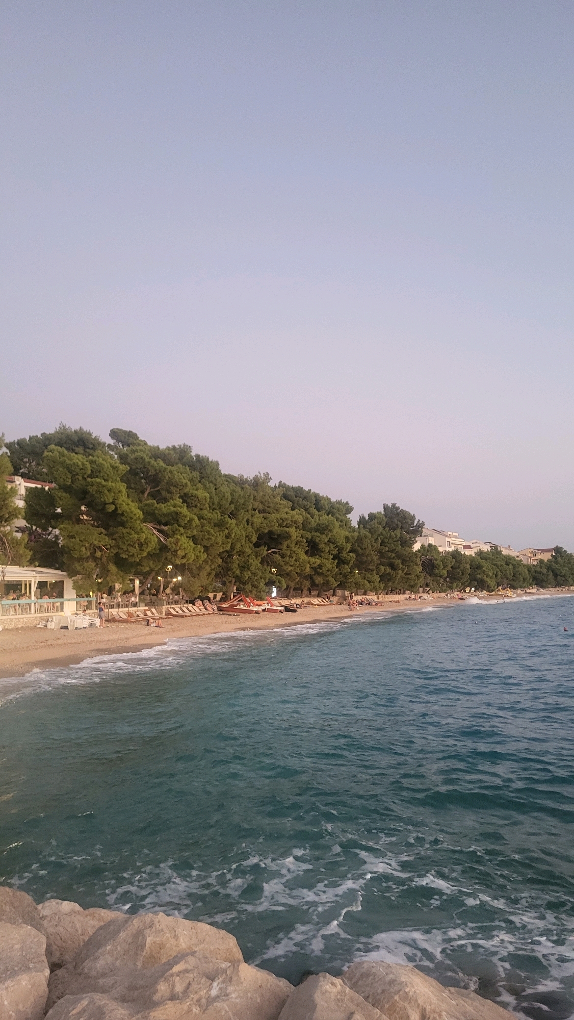 The image depicts a wide, sandy beach with turquoise water lapping at the shore. The beach is lined with numerous lounge chairs, many of which are occupied by people. A dense line of pine trees runs along the back of the beach, providing shade. Behind the trees, buildings with white facades and red tile roofs are visible. The sky above is a pale, clear blue. The foreground of the image shows large, light-colored rocks. The scene is set in Općina Tučepi, Croatia.
