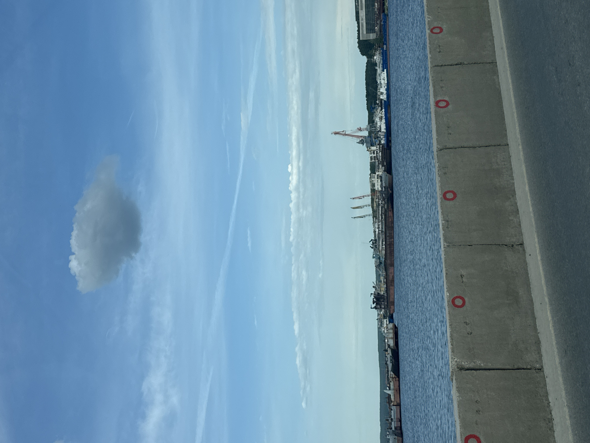 The scene is a harbor or port in Chaikovsky, Russia, alongside a body of water. Docked ships are visible, with several cranes used for loading and unloading cargo. The sky is a blue hue with a solitary cloud. A concrete barrier with evenly spaced red circular markings runs along the edge of a gray road.