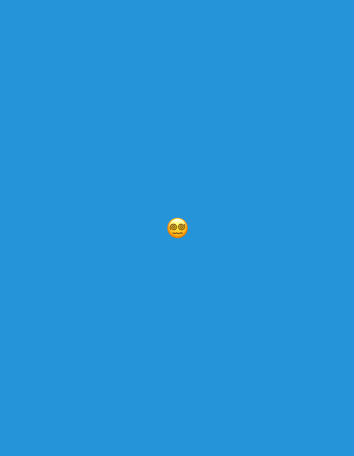 The image displays a uniform, solid blue background. Centrally positioned, slightly below the horizontal midline, is a single yellow emoji. This emoji features two black spirals representing eyes and a short, wavy black line representing a mouth, commonly depicting a dizzy or disoriented expression. No other subjects, objects, actions, interactions, or environmental features are present. The background provides no contextual information, such as landmarks, topography, or any visual cues that would indicate a physical location, including the city of Santa Ana, Venezuela.