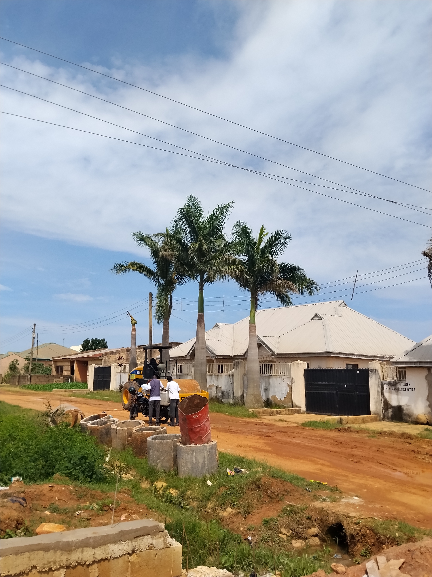 In the city of Laminga, Nigeria, on a bright, cloudy day, a construction scene unfolds. A yellow vibratory roller, identified by the marking "XSEN," is positioned on a reddish-brown dirt road, its large drum gleaming. Three men, likely construction workers, are near the roller. One man, wearing a white shirt and dark pants, stands beside the machine. Another man, in a light blue shirt and dark pants, is also near the roller. A third man, in a dark shirt and light pants, stands to the left of the roller.

The road is flanked by a patch of green grass and vegetation on the left, where several circular concrete pipes and a red metal barrel stand. Further left, a light-colored house with a brown roof and black gates is visible. Palm trees, with their distinctive fronds, rise above the scene, framing the sky. Beyond the roller and palm trees, a row of houses with off-white, metallic roofs lines the street. These houses have walls of varying colors, some white with peeling paint, others beige. Black gates secure the entrances to some of the properties. Electrical wires crisscross the sky, strung between utility poles. The overall impression is one of ongoing construction and residential development in a tropical environment.