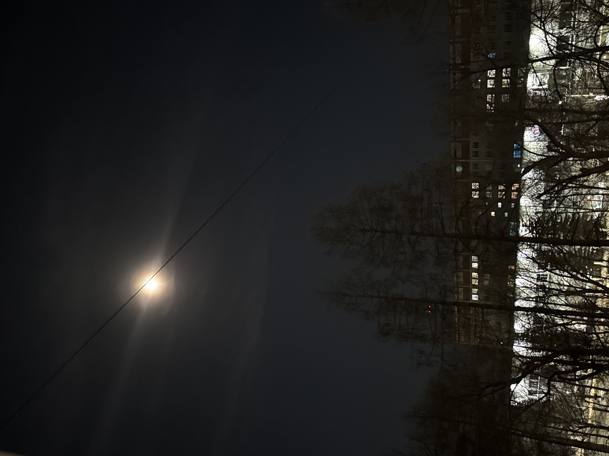 The image depicts a night scene in what appears to be Chaikovsky, Russia. A bright moon dominates the left side of the frame, with a powerline running diagonally across the sky. To the right, a tall apartment building stands silhouetted against the dark sky, its windows illuminated with various lights. Trees, mostly bare, line the bottom and right side of the frame, obscuring parts of the building. The general atmosphere is quiet and dark.