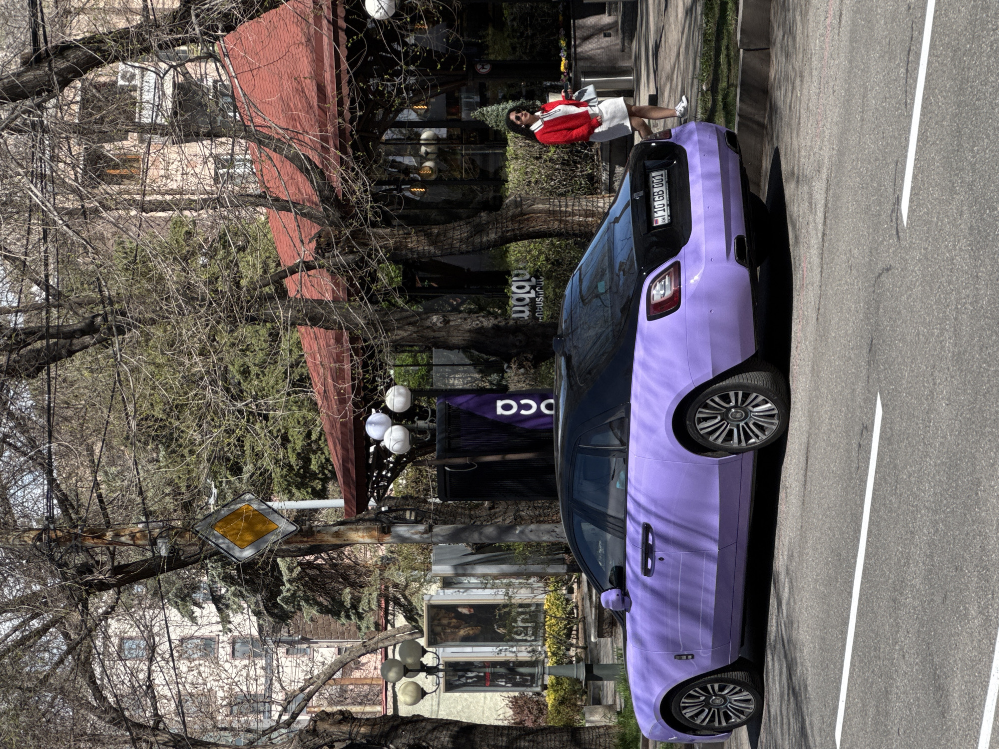 A vivid purple car, with a black roof and license plate reading "10 GB 001," is parked on the right side of a city street. A woman in a white dress and red jacket stands near the car. In the background, street lamps and a sign that says "abba" in Armenian and English are visible. A caution sign is affixed to the pole to the left of the vehicle. The setting is Yerevan, Armenia, evidenced by the car's license plate. Bare trees frame the cityscape.