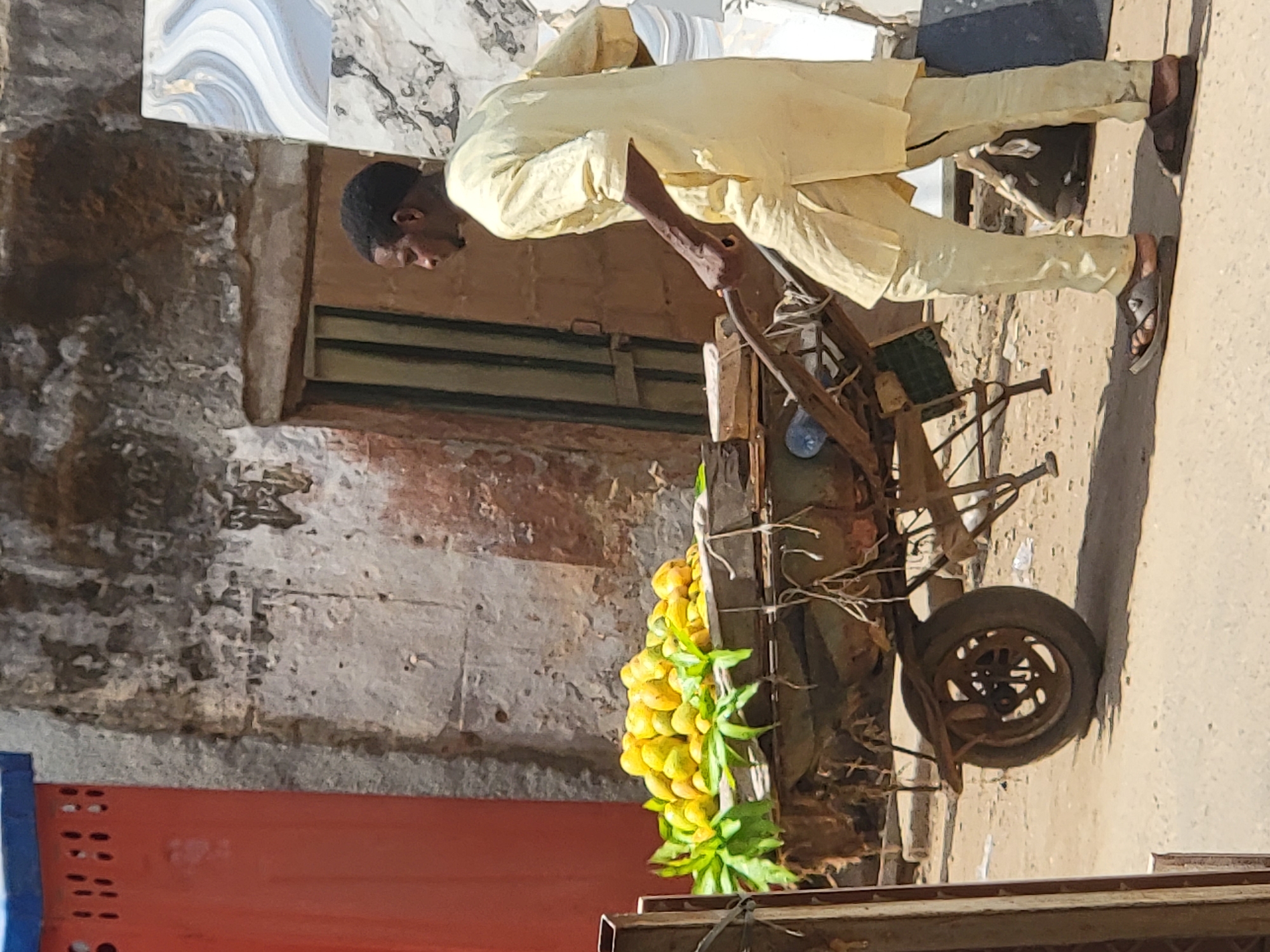 The image depicts a street scene in Maiburiji, Nigeria, under bright, clear daylight. A man, dressed in a pale yellow or cream-colored long-sleeved garment over light-colored trousers and dark sandals, is central to the composition. He is positioned to the left of a rustic, two-wheeled cart, leaning slightly forward with his hands near the cart's handle, suggesting he is either pushing it or standing by it as a vendor.
The cart is heavily loaded with a vibrant pile of yellow and green mangoes, interspersed with some green leaves, indicating a fresh fruit display. The cart itself appears old and sturdy, with visible rust on its metal frame and a single, robust wheel on the right side.
The background features weathered and discolored walls in shades of brown, grey, and ochre, hinting at an aged urban or semi-urban setting. A dark, rectangular opening, possibly a doorway or window, is visible behind the man. Above, a section of patterned tile with swirling blue, white, and grey designs can be seen. The ground is light-colored, possibly unpaved earth or dirt. A bright red object is partially visible in the bottom-left corner of the frame. The harsh sunlight suggests mid-day, casting defined shadows. No visible text is present in the image.
