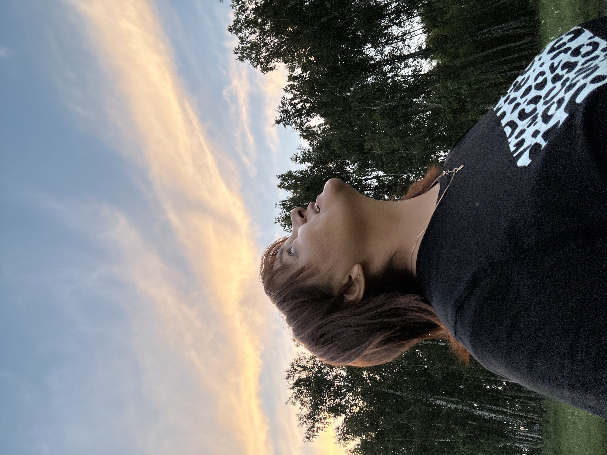 A medium shot captures a woman looking up at the sky. The woman has brown hair and is wearing a black t-shirt with a leopard print design. She is outdoors in front of a line of trees. The sky is a pale blue with streaks of orange and pink clouds. The lighting suggests it is dusk. The location is unknown.