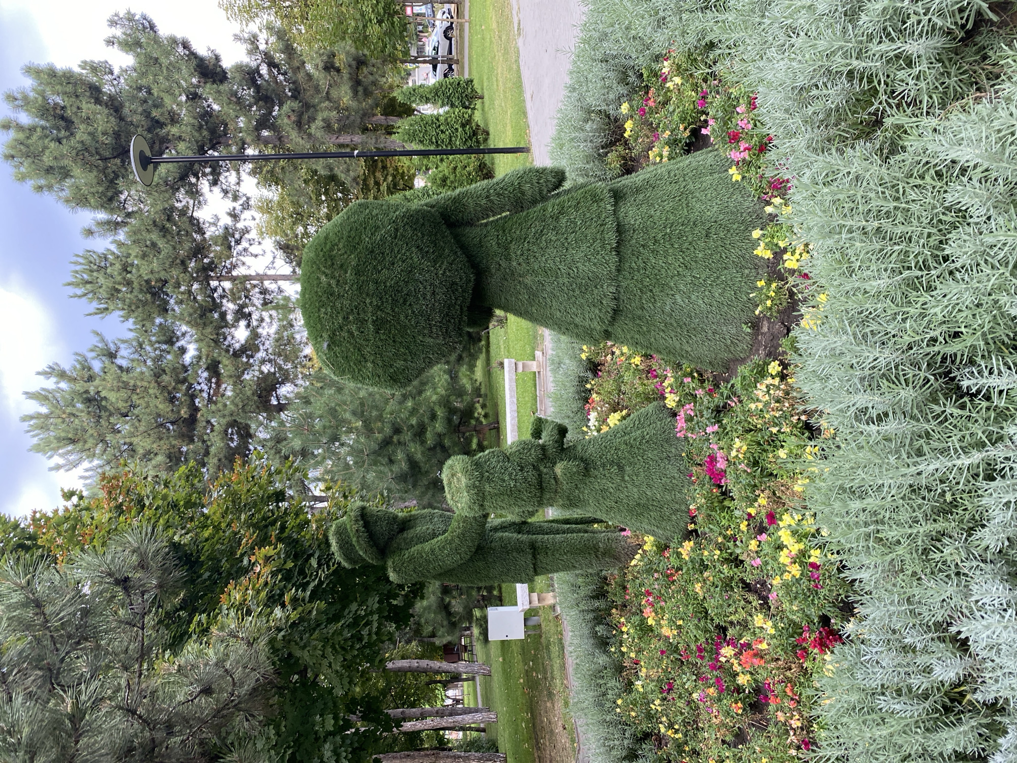 The image depicts a park scene with topiaries in the shape of a family. A large topiary figure, appearing to be a woman with a conical skirt and a large round head, stands to the right. To the left, a taller topiary figure, possibly a man wearing a hat, stands next to a smaller figure, likely a child. These figures are situated in a flower bed filled with small, colorful flowers in shades of pink, yellow, and red, bordered by a silvery-green shrub. In the background, mature trees, including pine trees, line a pathway. A lamppost with a modern design is visible between the trees. Beyond the trees, a street with parked cars and a white car in motion can be seen, suggesting an urban park setting. The presence of benches and a small electrical box further indicates a public park. The overall scene suggests a well-maintained public space in Chișinău, Moldova, likely a botanical garden or a well-landscaped city park, given the specific plantings and architectural elements.
