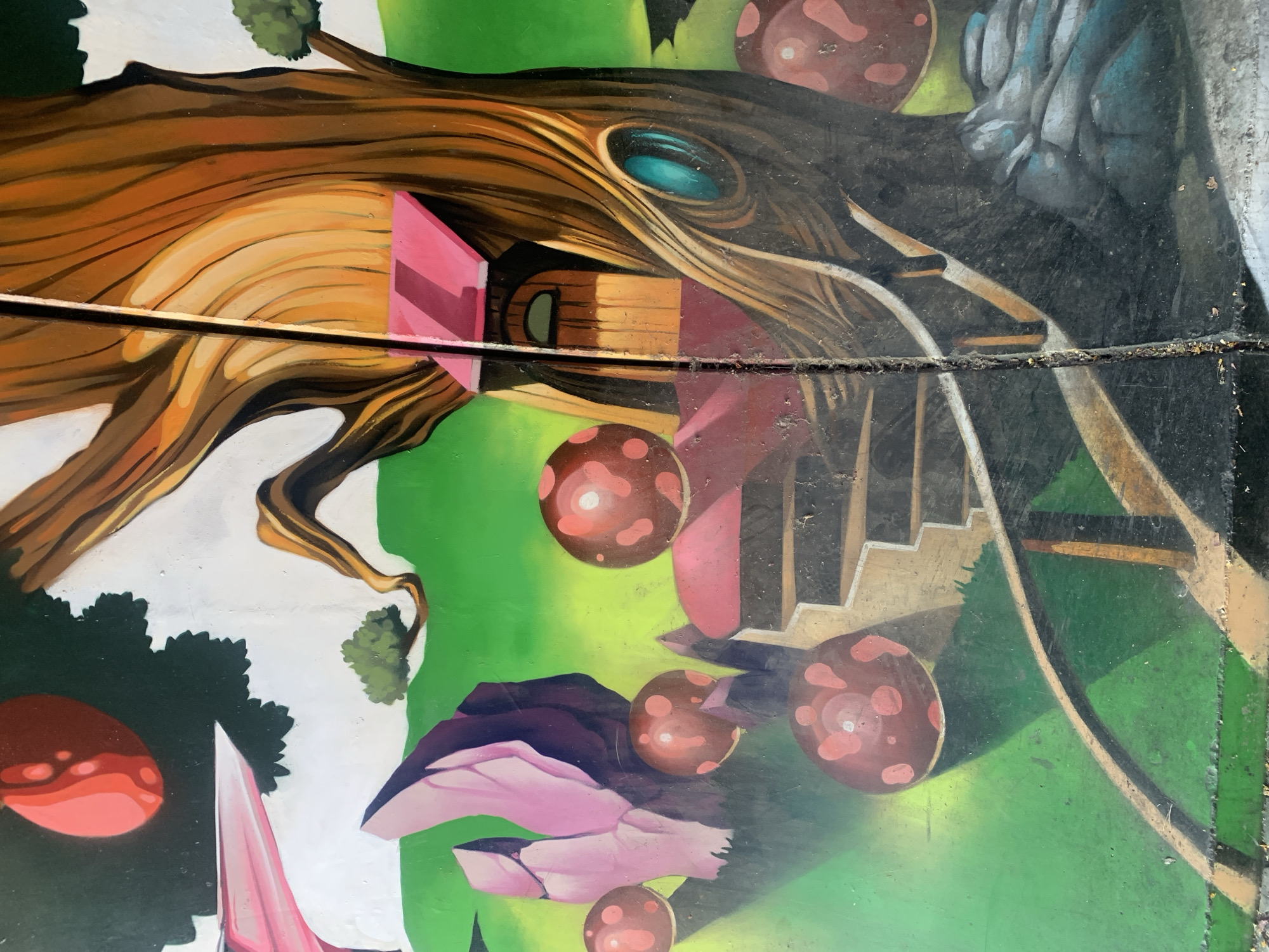 The image displays a colorful mural painted on an exterior wall, likely in Odivelas, Portugal, given the context of previous images. The mural depicts a whimsical, fantasy-like scene.
Dominating the center is a large, gnarled tree with a thick, textured brown trunk. A small, whimsical house with a pink roof and a wooden door with a rounded top is built into the tree trunk. To the right of the tree, a vibrant, oval-shaped turquoise gem is embedded in the bark.
In the foreground and mid-ground, several large, red, polka-dotted mushroom-like orbs are scattered across a bright green landscape. Some of these orbs appear to be resting on or attached to a series of stepped platforms and a winding ramp-like structure leading towards the treehouse. To the left of the tree, there are large, angular, pink and purple rock-like formations.
In the upper left quadrant, a dark green tree canopy is visible with a large, red, orb-like object hanging from it. Further to the left, a sharp, pink, triangular shape juts out from behind the tree canopy, against a white background. The overall style is illustrative and fantastical, with bold colors and simplified shapes. The mural is bisected vertically by a prominent seam or crack in the wall. The surface of the mural appears to be aged and somewhat worn, with some dirt and debris visible.