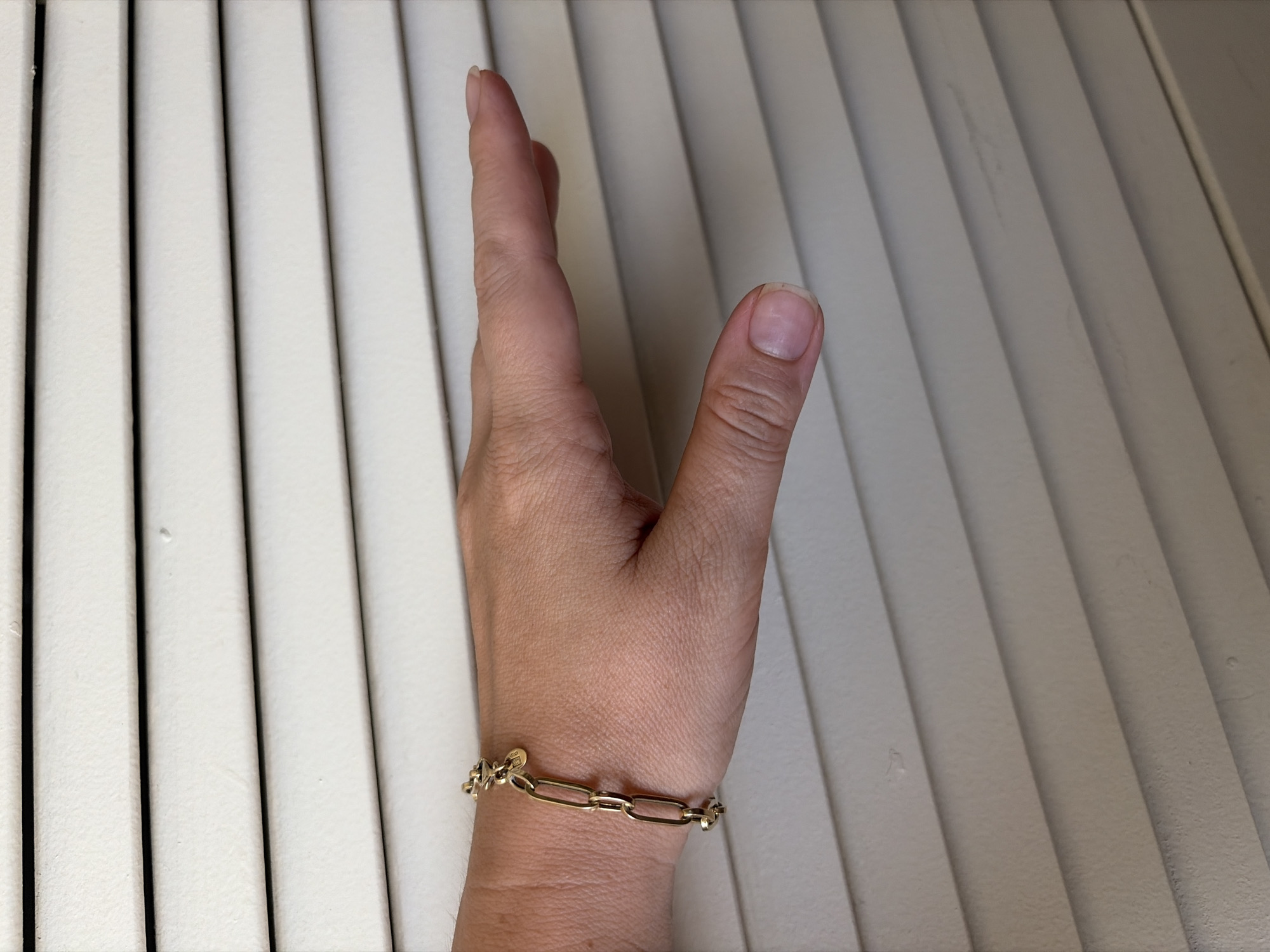 A person's left hand, adorned with a gold chain bracelet, is extended horizontally across a background of beige horizontal blinds. The blinds appear to be indoors. No city or country information is visible in the image.