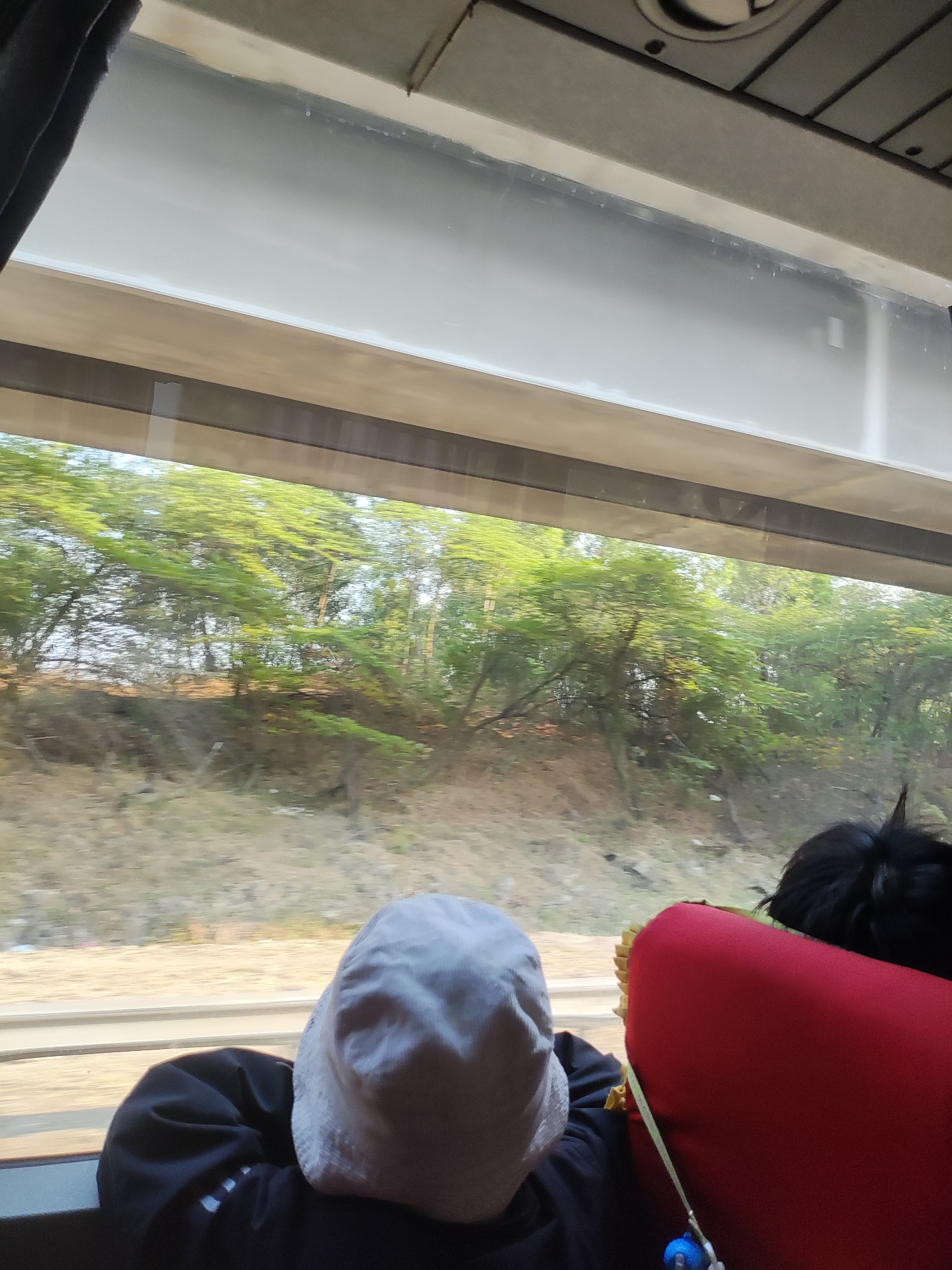 The image shows the interior of a vehicle, likely a bus, with two passengers visible from behind. The passenger on the left is wearing a dark hooded jacket and a light-colored bucket hat, with their head resting on their arms, appearing to be asleep. The passenger on the right has dark hair and is seated next to a red headrest. Through the window, a blurred landscape of trees and dry vegetation can be seen, suggesting the vehicle is in motion. The scene is set in Karawang, Indonesia.