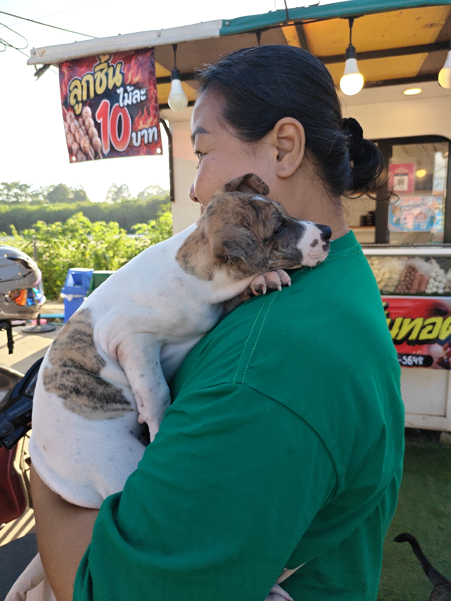 In Mu Si, Thailand, a woman in a green shirt holds a brown and white puppy on her shoulder. The puppy is resting its head on her shoulder, with its paws visible. In the background, there is a food stall with a sign advertising "ลูกชิ้นไม้ละ 10 บาท" (skewered meatballs 10 baht each). The stall has lights hanging from it, and beyond that, there are green trees and a bright sky. A motorcycle helmet and a blue trash can are also visible.