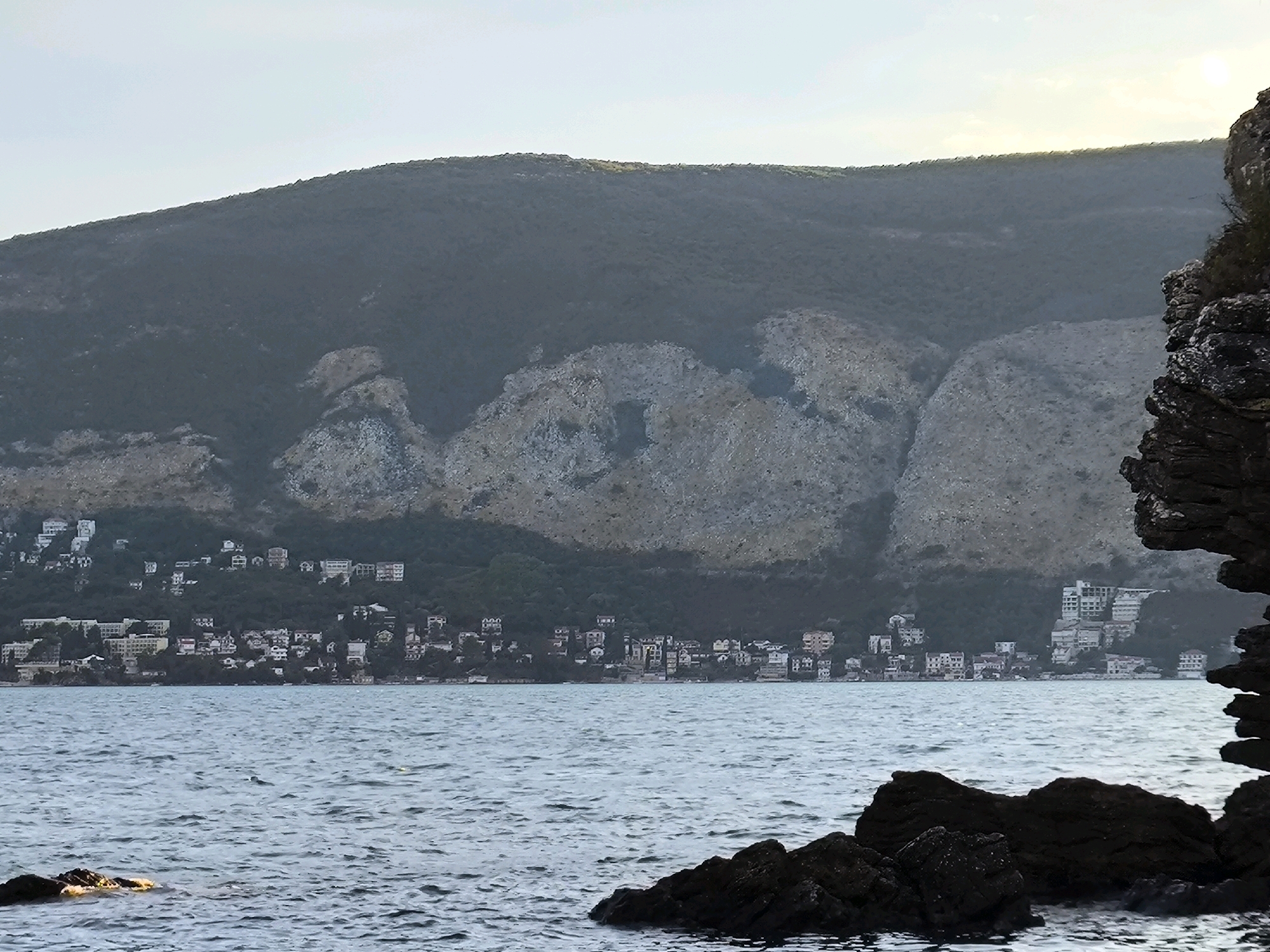 The image shows a coastal scene in Herceg Novi, Montenegro. In the foreground, there are dark, rocky formations partially submerged in the calm, blue water. Beyond the water, a town is visible nestled on a forested hillside. The town is characterized by a cluster of buildings, including several modern, multi-story structures, appearing to be hotels or apartment complexes, along with smaller, more traditional buildings. The hillside rises steeply behind the town, leading to a large, rugged mountain range that dominates the background. The mountain face is textured with light-colored rock formations and dark vegetation, with a lighter sky visible at the top. The overall impression is a picturesque coastal landscape with a developed settlement.
