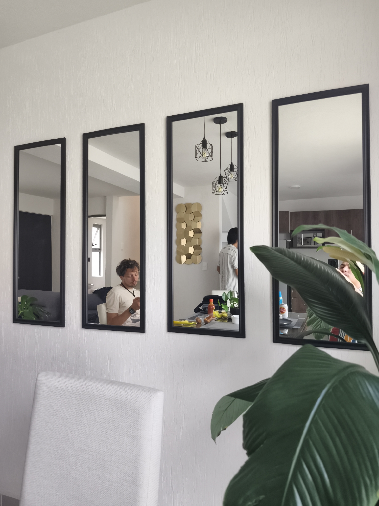 The photograph depicts an interior scene in El Carmen, Mexico, featuring a white wall adorned with four rectangular mirrors with black frames. The mirrors reflect different parts of a living space.
The first mirror from the left shows a glimpse of a grey couch, a dark colored wall, and a houseplant. The second mirror reflects a man sitting in a chair looking at his phone, within a room with white walls. The third mirror shows a gold geometric wall decoration, a person in a striped shirt standing in what appears to be a kitchen or dining area, and a table with various objects including bottles, and food items. The fourth mirror reflects part of the same dining area and kitchen visible in the third mirror, including a plant with large green leaves and someone partially seen holding a phone.
In the foreground, slightly obscuring the view, is a large houseplant with broad, dark green leaves. A white chair with a soft cushion is also partially visible in the foreground. The room is well-lit. The walls are painted white.