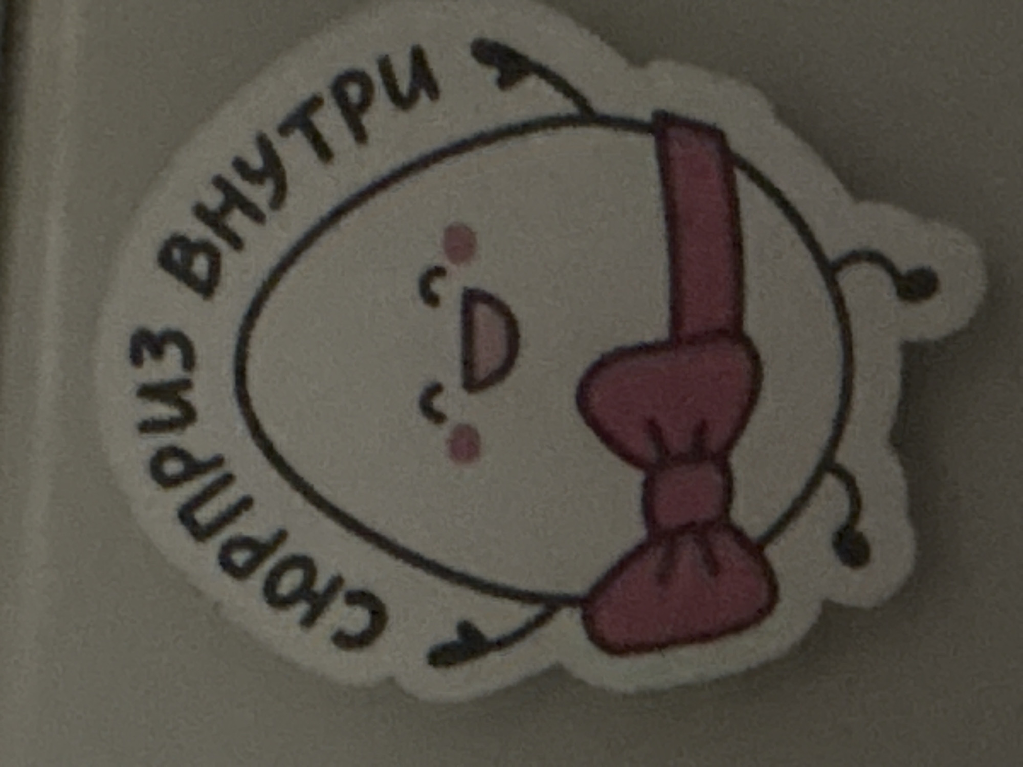 The image shows a sticker featuring a cartoon egg with a pink bow and a smiling face. The sticker also has Russian text that reads "Скорлупа Внутри," which translates to "Shell Inside." I cannot determine the location in the city of Krasnoyarsk, Russia, based on the given image alone.