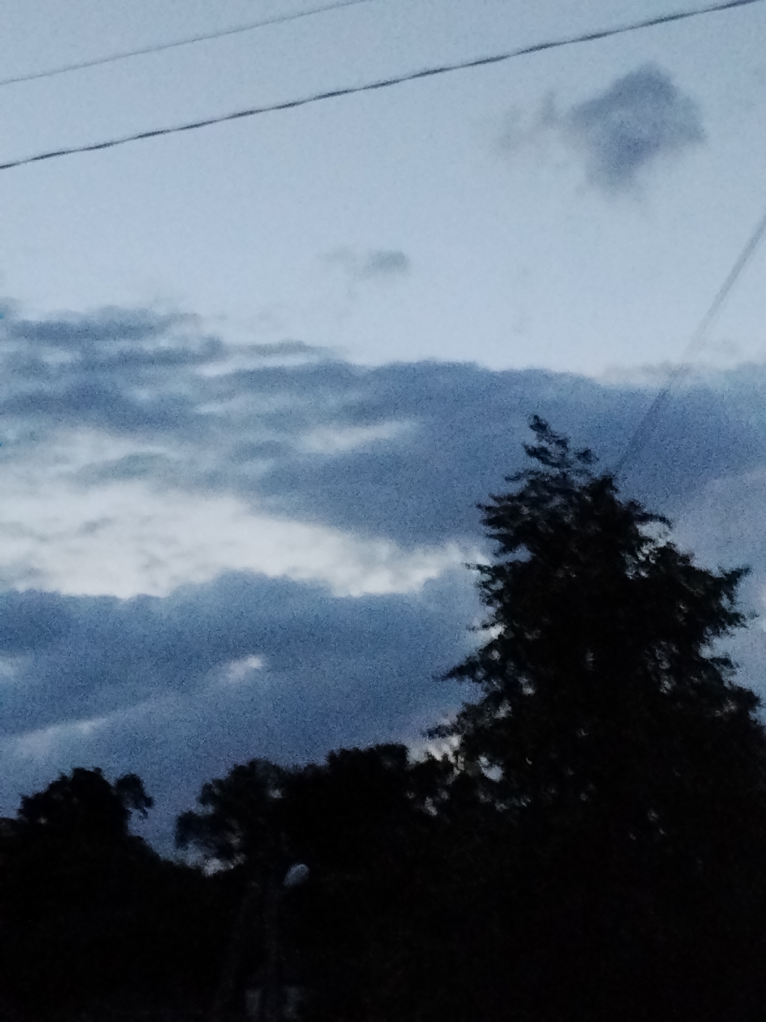 The image depicts a dark, overcast sky with scattered clouds. Silhouetted against the sky are the tops of trees and a single power line stretches across the upper portion of the frame. The overall lighting suggests it is either early morning or late evening. The scene appears to be an outdoor environment, possibly on the outskirts of a populated area, given the presence of the power line. There are no visible people or identifiable structures.