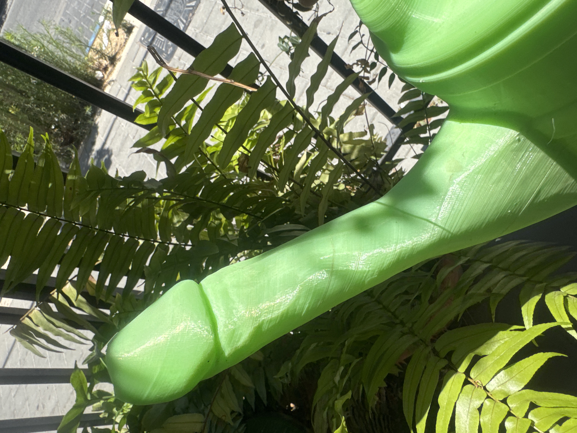 A green watering can spout is seen in the foreground, amidst lush green ferns. The watering can appears to be made of plastic, with visible linear marks on its surface. The ferns surround the spout, providing a backdrop of varying shades of green. In the background, a glimpse of an urban environment is visible through a black metal railing, suggesting an outdoor setting, possibly a balcony or a window. The scene appears to be captured in daylight, with light casting shadows on the objects. The scene may be in Tel Aviv, but it cannot be confirmed from the image alone.