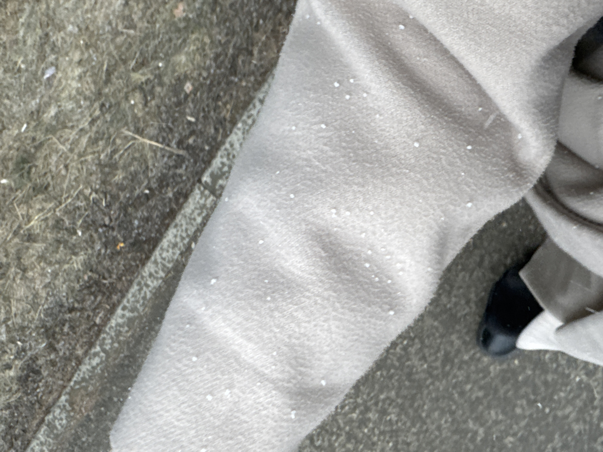 The image shows a person wearing a light grey coat with small white spots on the fabric. The person is standing on a paved surface, with some dirt and debris visible on the left side. A black shoe is partially visible at the bottom right of the frame. There is no information in the image to identify the location as Perm, Russia.