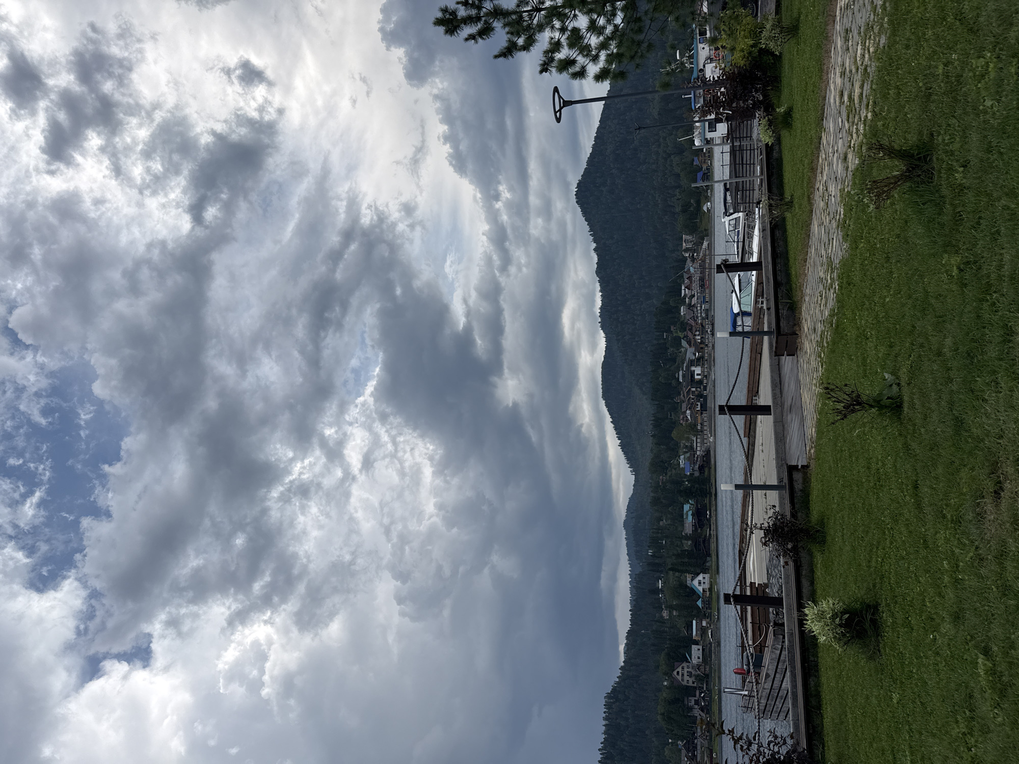 This is a ground-level, eye-level, medium shot of a cloudy day over a lakeside village in Artybash, Russia. The foreground is a well-maintained lawn with a cobblestone path winding through it. Small, sparse bushes dot the lawn. Beyond the lawn and path, a wooden dock extends into a calm body of water. Several boats are moored at the dock, including a white and blue vessel. In the middle ground, a collection of houses and buildings forms the village, nestled at the base of tree-covered mountains. The mountains, dark green and densely forested, rise sharply behind the village. The sky above is filled with dramatic, gray clouds, with some patches of blue visible. A tall pine tree with dark green needles is visible on the right edge of the frame. The scene appears serene and perhaps a bit moody due to the overcast sky.