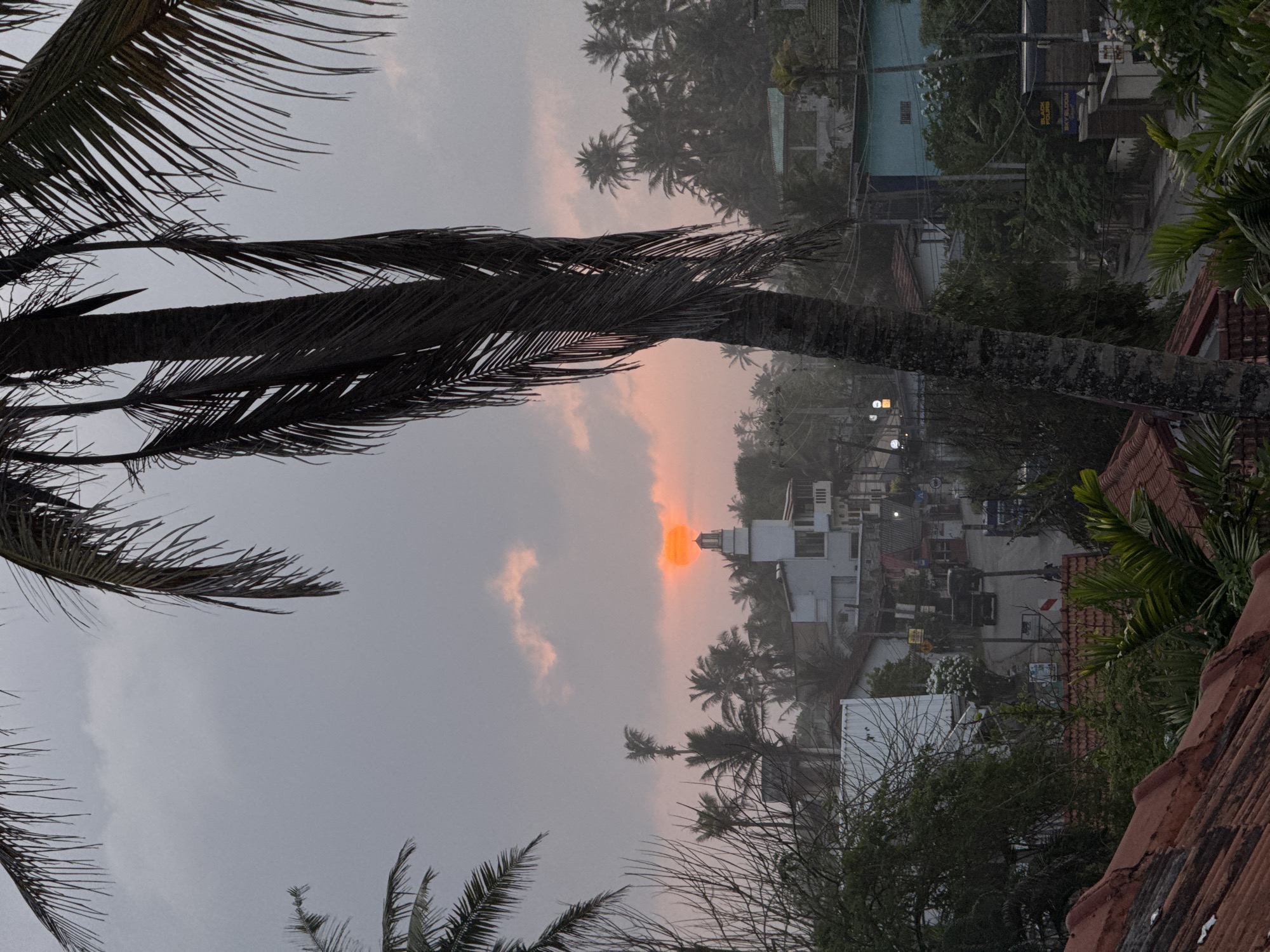 This is a photograph of Goviyapana, Sri Lanka, taken during what appears to be sunset or a cloudy overcast day. The foreground features the fronds of a large palm tree partially obscuring the view. In the mid-ground, a white building with a tall, slender tower, possibly a mosque or a lighthouse, stands prominently. The building is surrounded by other structures, some with red-tiled roofs, and lush green foliage. A street runs through the scene, with a few vehicles visible, including what appears to be a tuk-tuk and a truck. Power lines are strung across the street. The background is filled with more palm trees and other vegetation, creating a tropical atmosphere. The sky is a hazy grey with hints of orange and pink, suggesting the sun is low on the horizon. The overall impression is one of a humid, tropical environment with signs of human settlement.