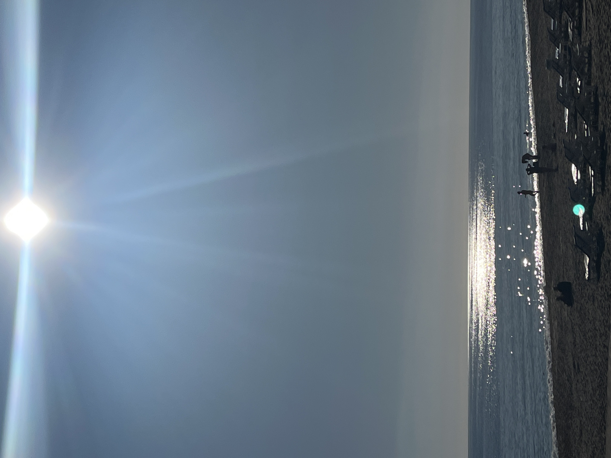 The image captures a sunny beach scene in Alanya, Turkey, oriented vertically with the sun on the left and the beach/sea on the right. The sky, occupying most of the frame, is a clear, light blue-grey. A brilliant sun, emitting strong lens flare and radial light rays, is positioned in the lower-left quadrant.
On the right side of the image, the sea meets a sandy beach. The sun's intense reflection creates a shimmering path of light across the water, with numerous sparkling points visible. Several dark silhouettes of people are scattered along the water's edge and on the beach. Some appear to be walking or standing, while others are positioned near rows of dark beach chairs or loungers that line the sandy shore. One distinct, bright green/blue lens flare dot is visible near the beach chairs.
The time of day appears to be sunny daytime, likely late afternoon or early morning, indicated by the low sun angle and its strong glare across the water. The weather is clear and bright. No visible text is present in the image. The overall scene suggests a relaxing beach environment.