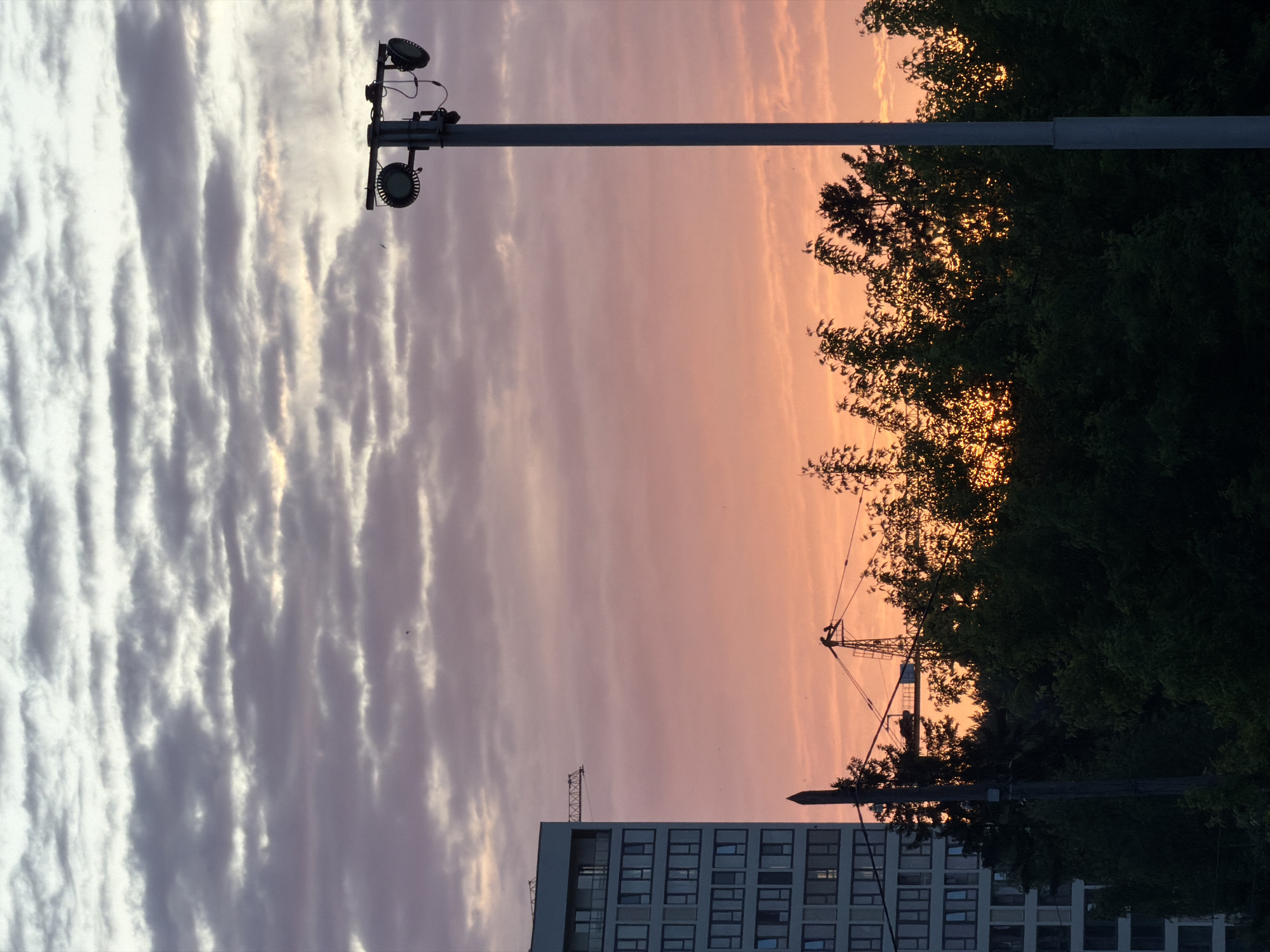 The image captures a scene in Izhevsk, Russia, at dusk or dawn, judging by the soft pink and orange hues in the sky and the wispy cloud formations. A tall concrete building, its facade composed of numerous rectangular windows, is visible in the lower portion of the image. Silhouetted against the sky are the outlines of trees and a construction crane, hinting at ongoing development in the area. A utility pole with mounted lights dominates the left side of the frame, its metallic structure standing in stark contrast to the natural elements in the background.