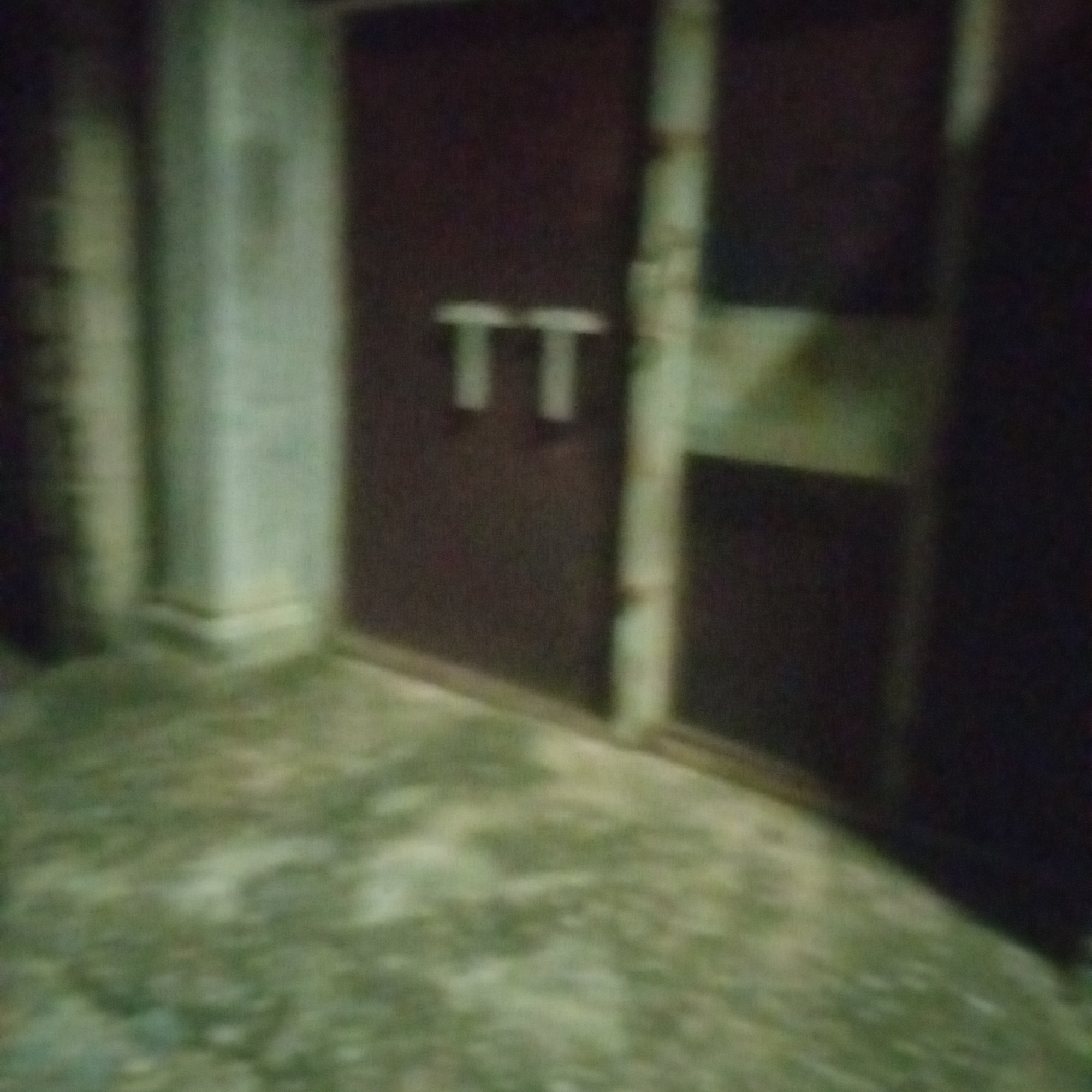 A blurry, dark image depicts a large, dark-colored gate with two horizontal handles. To the left of the gate is a lighter-colored vertical structure, possibly a pillar or wall. The ground in front of the gate appears to be a textured, mottled surface. The overall lighting is dim, suggesting it may be nighttime or an indoor setting with low light. The image quality is poor, with significant blur and noise, making it difficult to discern finer details. No people or discernible actions are visible.