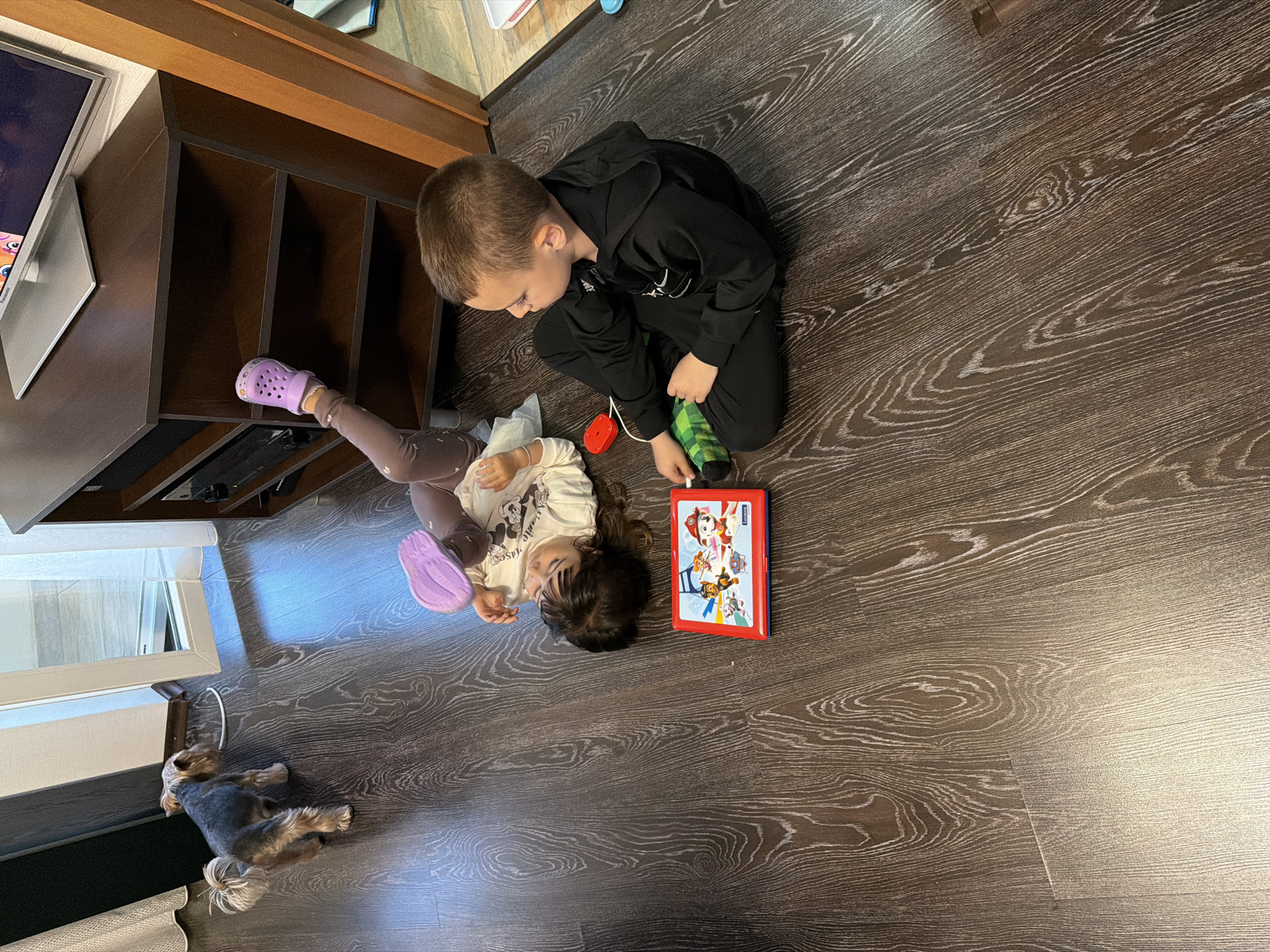 Two children, a boy and a girl, are on a brown wood-grain floor indoors. The boy is kneeling in a black tracksuit, looking down at something near the girl. The girl is lying on her back, wearing brown leggings, a light-colored shirt, and purple Crocs. A red case with "Paw Patrol" characters on it lies near her. A small dog is lying on the floor near a white baseboard. A dark brown entertainment center and television are visible in the background. This is likely a residence. There is no evidence to suggest that this image was taken in Burgas, Bulgaria.