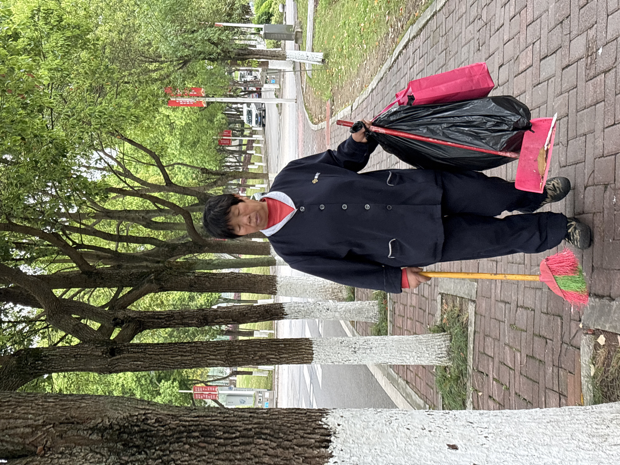 A person stands on a brick walkway alongside a tree-lined street in what appears to be Jiangjin, China. The individual is wearing a dark blue uniform-like jacket over a red shirt and dark pants. They are holding a pink and green broom in one hand and what appears to be a black trash bag, a red bag, and a pink dustpan in the other. Trees line the street, their trunks painted white at the bottom. A road is visible beyond the trees with a few vehicles on it. Signs with red banners can be seen further down the street. The weather appears to be overcast.