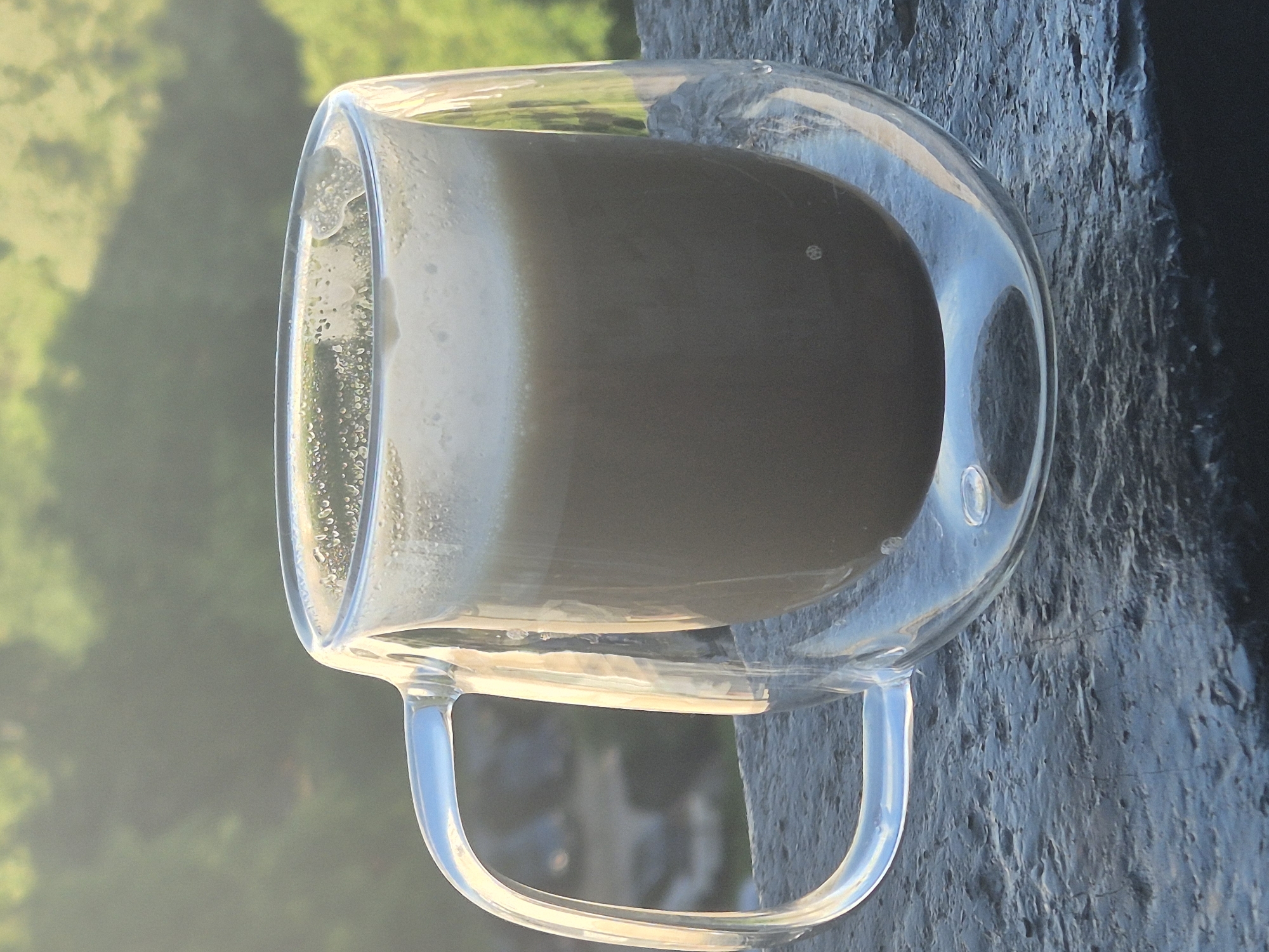 A clear, double-walled glass mug containing a light brown beverage, possibly coffee or a milky drink, is the central subject of this close-up image. The beverage exhibits a creamy froth or foam on its surface, particularly concentrated on the left side where it appears lighter due to illumination.
The mug rests on a dark, heavily textured surface, which occupies the right half and bottom portion of the frame. This surface appears rugged, possibly stone, weathered wood, or concrete, with visible ridges and variations in tone.
In the background, a soft, out-of-focus expanse of green foliage is visible, suggesting an outdoor setting, such as a garden, balcony, or a view overlooking trees. The lighting implies either early morning or late afternoon, with a warm, directional light source illuminating the left side of the mug, the beverage's surface, and the handle, creating subtle highlights and reflections on the glass.
No people or visible text are present in the image. The scene conveys a sense of calm and quiet, perhaps capturing a moment of enjoying a warm drink outdoors. The image is oriented vertically, though the natural level of the liquid suggests it was originally captured horizontally and then rotated.