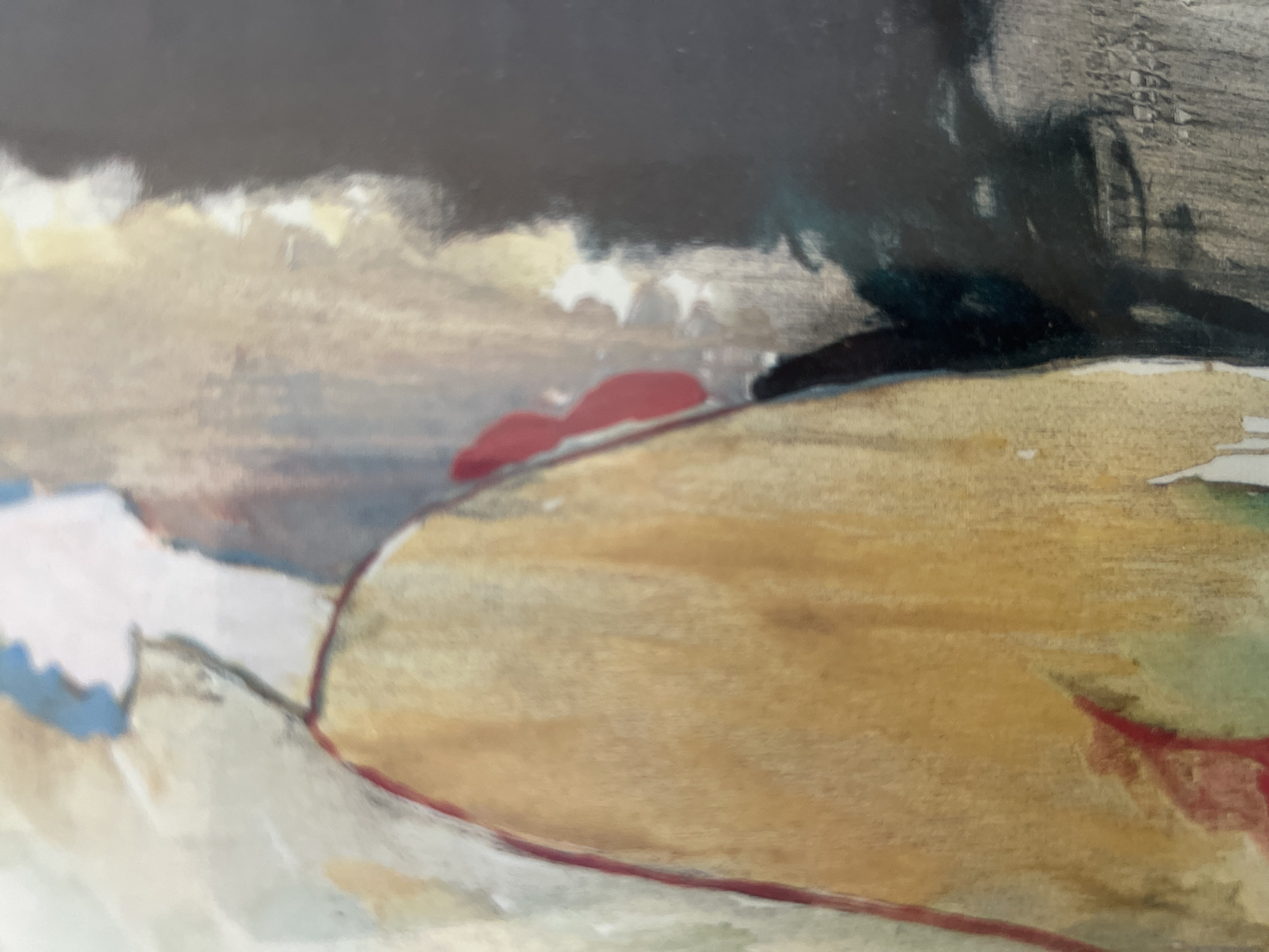 The image presents a semi-abstract painting, characterized by fluid brushstrokes and soft color blending, suggesting a watercolor or similar medium. The central and dominant subject is a stylized figure, facing forward or slightly to the right. The upper part of the figure is represented by an amorphous white shape, possibly the head and neck, topped with a patch of light blue which may signify hair or a head covering. This white form extends downward into a voluminous golden-yellow garment, resembling a flowing robe or dress, which occupies the majority of the left and central composition. A thin, reddish-brown line delineates the left edge of this garment. On the right side of the golden garment, near the figure's shoulder or upper back, there is a distinct, irregular red shape. Another faint red area is visible at the lower left edge of the golden garment. The background on the left is light and diffused, with muted tones of beige, grey, and subtle pastels. The right side of the background contrasts sharply, featuring deep shades of dark grey, black, and teal, with visible textural brushstrokes and lighter highlights within the darkness. The painting does not depict any specific actions or interactions. The artwork itself contains no discernible architectural elements, landmarks, or environmental features that would identify its location as the city of Casablanca, Morocco, or any other specific geographic setting.