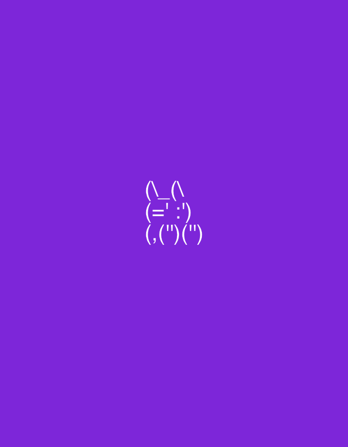 A white emoticon of a rabbit is centered against a solid purple background. The emoticon's ears are represented by the characters `\/` on either side of the central face. The face consists of the characters `(=` on the left and `:)` on the right. Below the face, the characters `(,(")(",")` are arranged to form the paws of the rabbit. There are no other discernible elements in the image. The image does not depict any location in Yerevan, Armenia, or any specific scene that can be associated with a city.