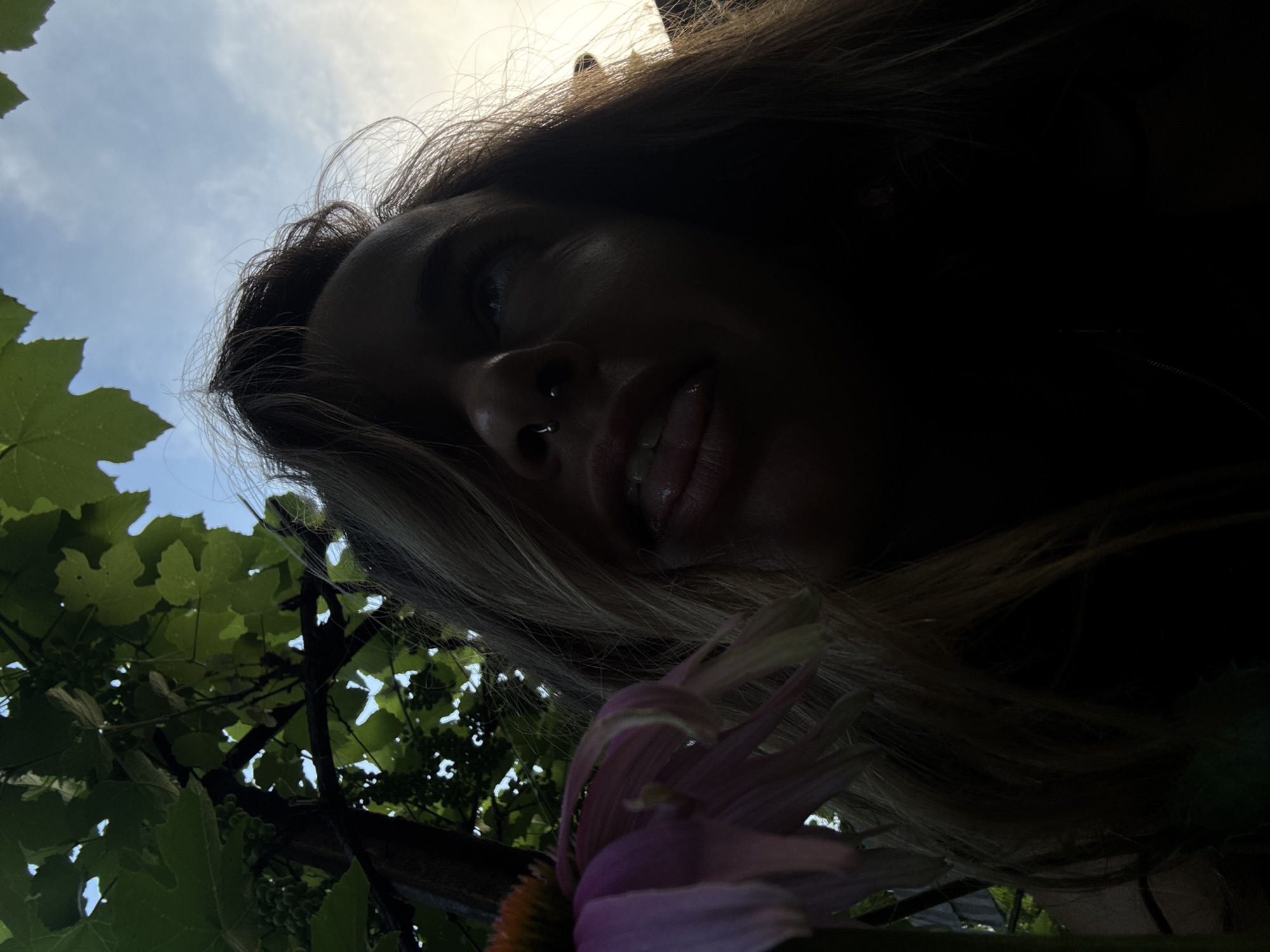 This is a close-up, low-angle photograph taken outdoors. The main subject is a young woman, seen from a low perspective looking upwards. She has long, light brown hair that is mostly in shadow. Her face is partially obscured by her hair and the angle of the shot. We can see her nose with a septum piercing, her mouth slightly open, and her eyes are looking upwards. Her skin appears fair.
In the foreground, a pale pink flower with delicate petals is visible, also partially in shadow. To the left and behind the woman, lush green leaves of a plant, possibly grapevines, are present, with small clusters of green berries also visible. The sky, a light blue with some overcast, is in the background. The lighting suggests it is daytime, possibly late afternoon or early morning due to the angle of the sun creating strong shadows. The overall mood is intimate and natural, with a focus on the woman's connection with the plant life around her. No text is visible in the image.