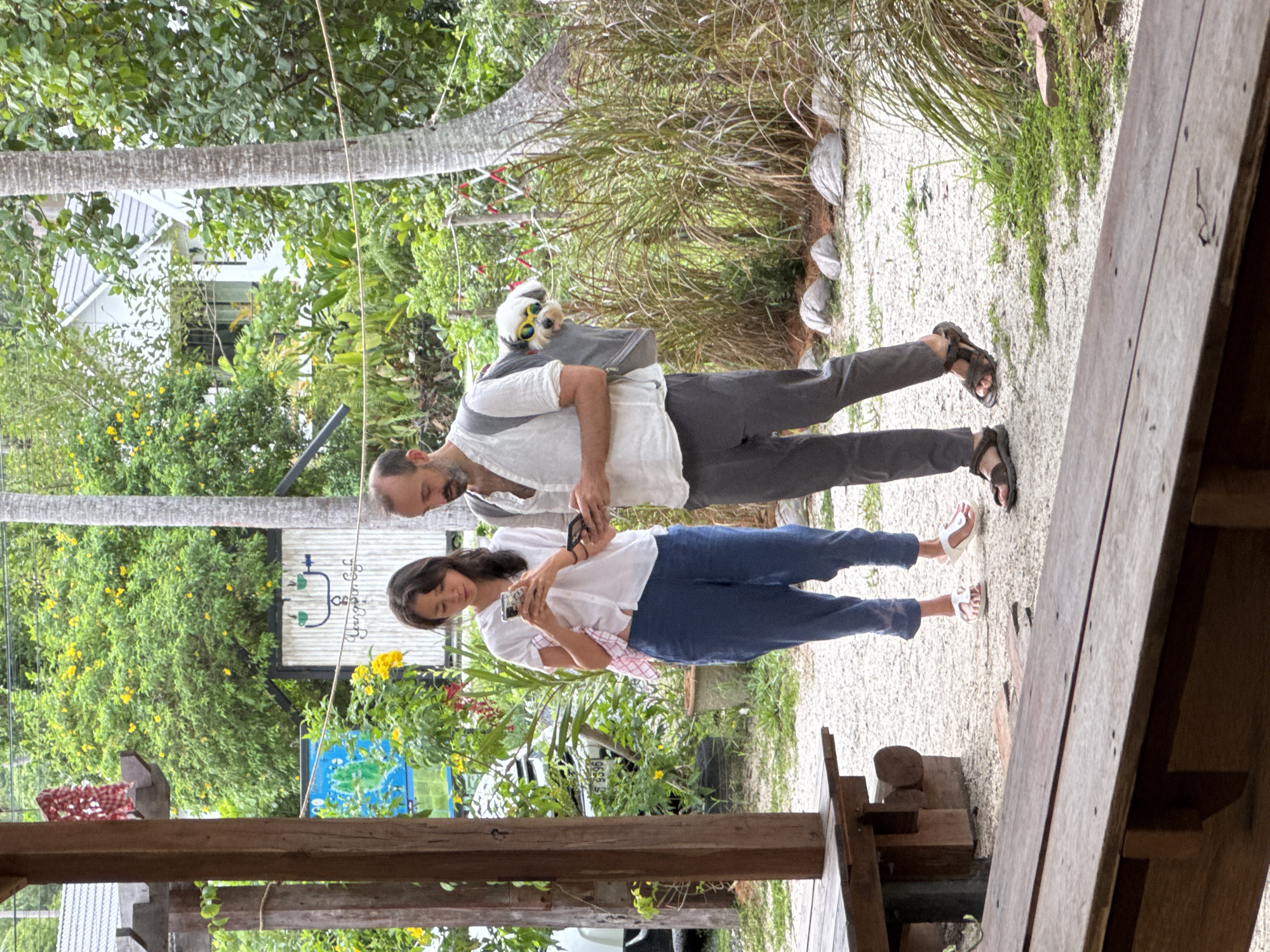 A man and a woman are standing next to each other outside, looking at their phones. The man is wearing a gray vest over a white shirt and gray pants. He has a small white dog in a carrier on his back. The dog is wearing sunglasses. The woman is wearing a white shirt and blue pants. She has a towel tucked into her waistband. They are standing on a gravel path in front of a building with a white roof and white walls. There are trees and plants in the background. The image appears to be taken in a tropical location, possibly at a cafe or restaurant given the outdoor seating area in the foreground. The location is identified as Koh Phangan, Thailand.