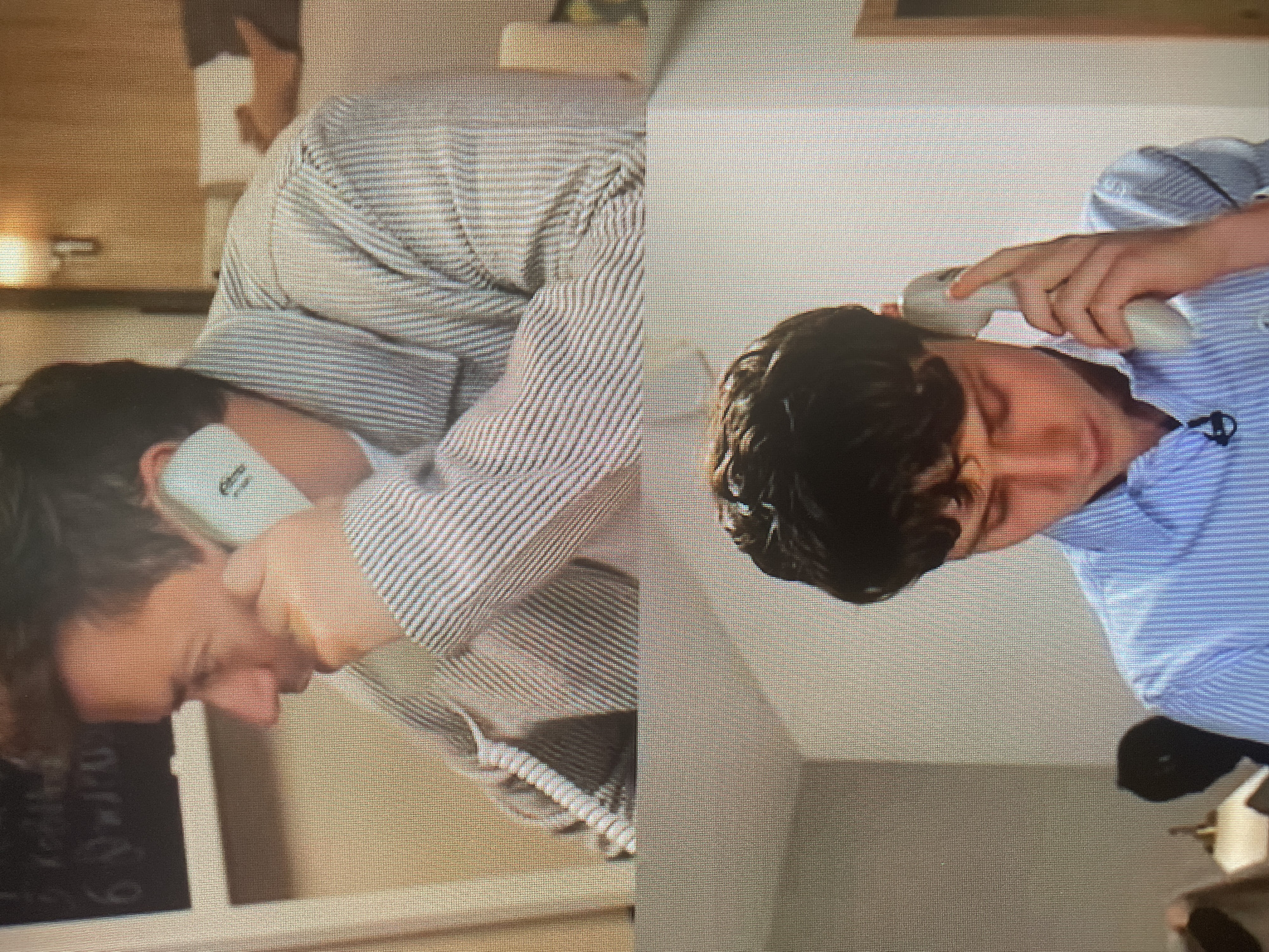The image is a split-screen depiction of two individuals on phone calls. On the left, a person wearing a striped pajama top is holding a white phone receiver to their ear and speaking into it. They are in an indoor setting that appears to be a kitchen, with a hint of cabinetry and a shelf visible in the background. The lighting suggests it could be daytime. On the right, another person, wearing a blue and white striped shirt, is also on a phone call, holding a white phone receiver to their ear. This individual has dark, curly hair and is looking down. The background is nondescript, appearing to be an interior wall. Both individuals appear focused on their conversations. There is no visible text in the image. The overall impression is that of two separate moments of communication occurring simultaneously.