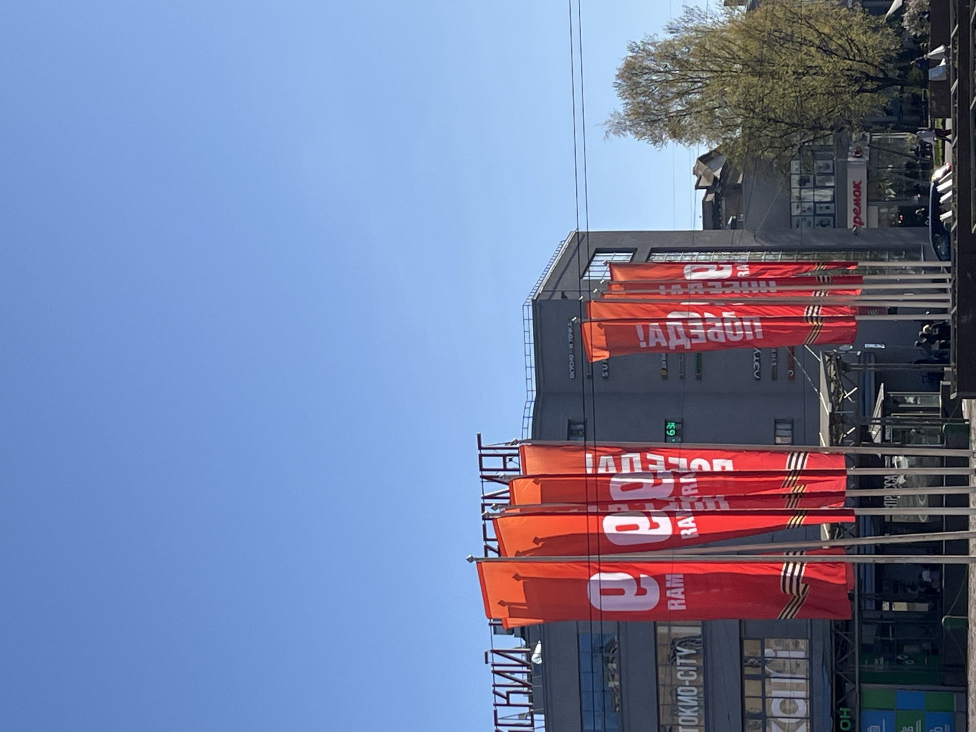 The image shows a city street in an unknown location. The flags are hung on poles in front of a building and contain the text "TOKIO-CITY" and Cyrillic letters. There is a tree in the background.