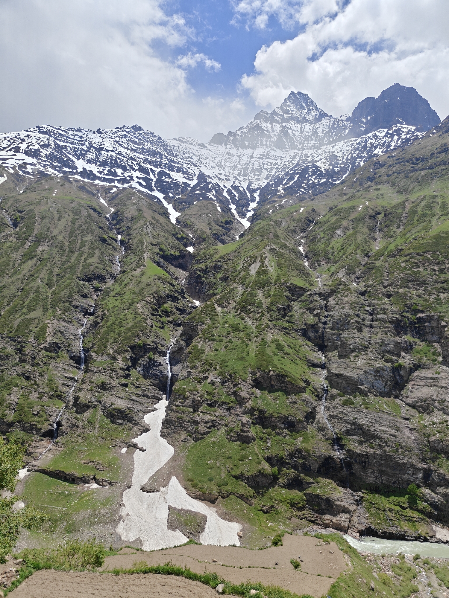 The image depicts a mountainous landscape in Shuiling, India. The mountains are predominantly covered in green vegetation and rocky terrain, with patches of snow near the peaks. Waterfalls cascade down the mountainside, culminating in streams at the base. A patch of land, likely cultivated, is visible in the foreground. The sky is partly cloudy, with patches of blue visible between the clouds.