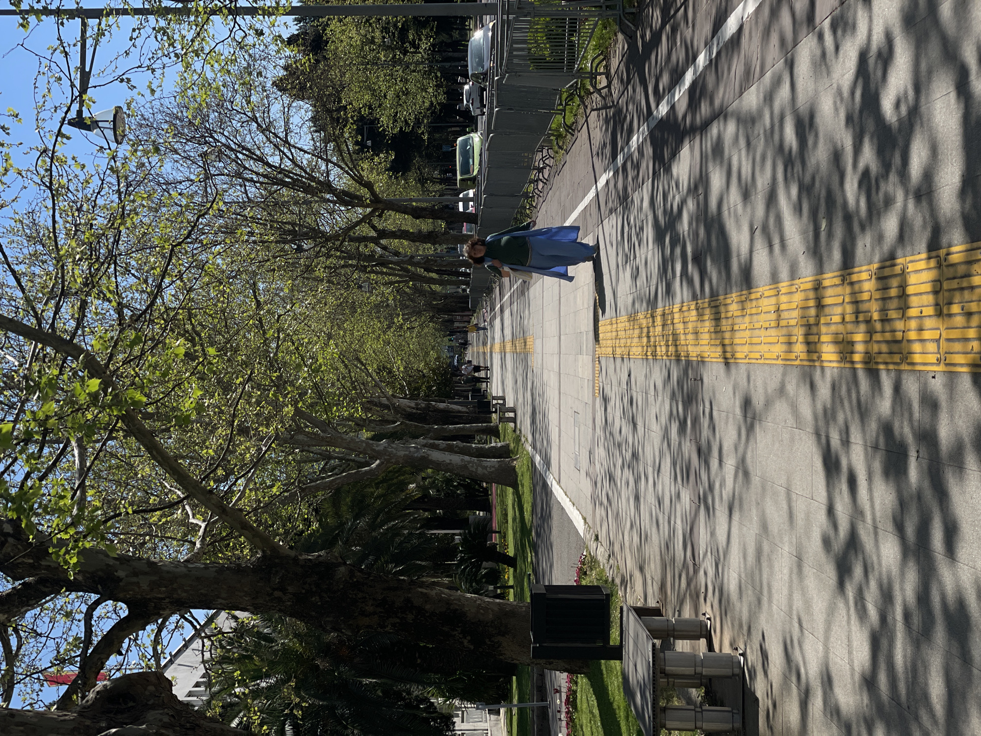 An outdoor scene shows a pedestrian walkway lined with trees in Podgorica, Montenegro. The walkway has a tactile paving strip for visually impaired people and is flanked by a road with parked vehicles. A person is walking along the walkway, and tree shadows are cast on the pavement. There are benches and planters on one side of the walkway. The sky is blue and sunny.