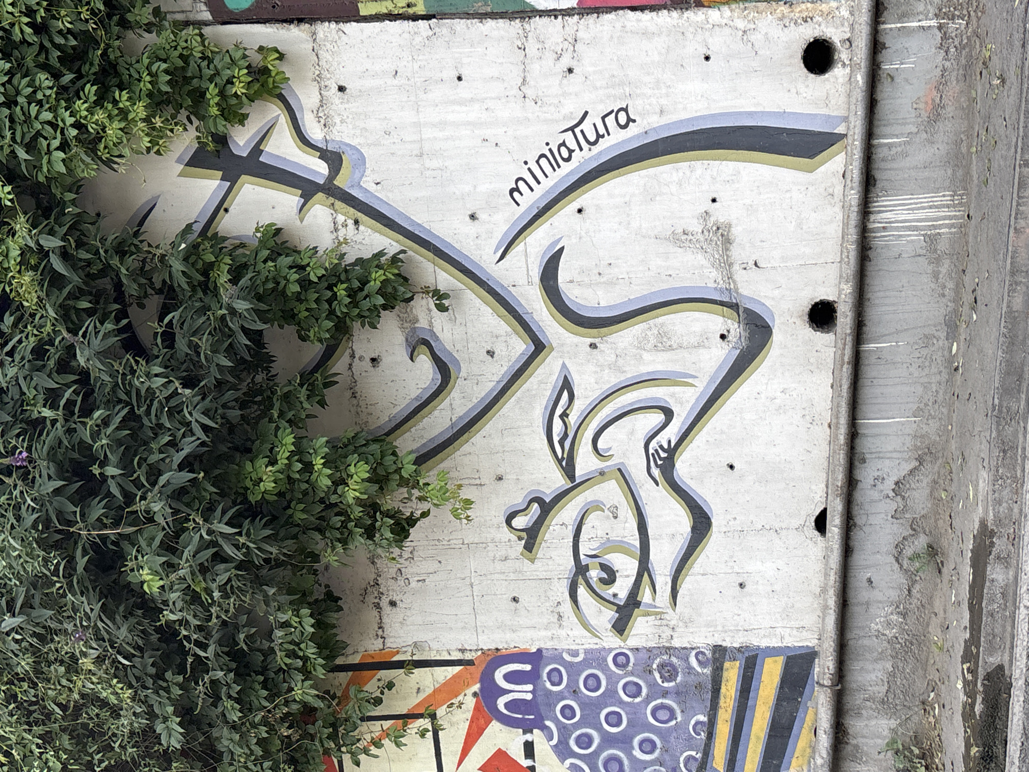 The image shows a section of a concrete wall in Tbilisi, Georgia, covered with graffiti and overgrown with green ivy. The graffiti features stylized, abstract figures in black, grey, and yellow, with the word "miniaturа" written in black script on the right side of the main figure. To the left of the main figure, there is a portion of another mural with a purple, circular pattern and orange and yellow stripes. The wall has several holes, and a metal pipe runs horizontally across its lower section. The ground in front of the wall is a rough, grey concrete surface with some debris and small plants. The overall impression is of an urban environment with elements of art and nature coexisting.