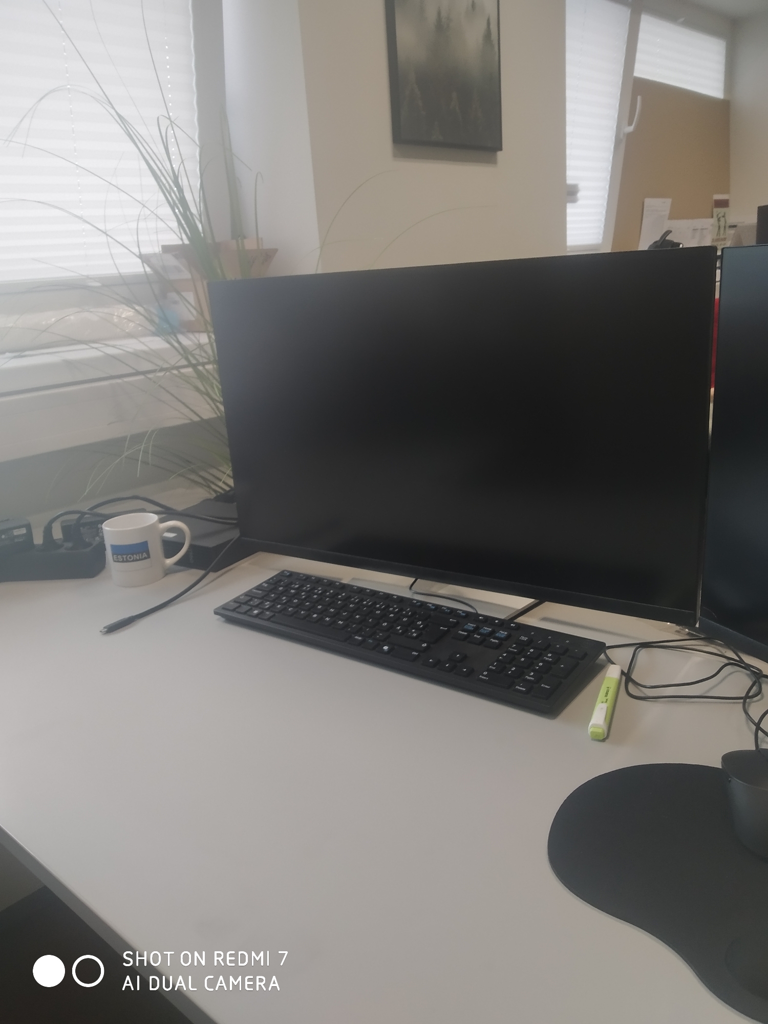 The image shows a desk setup in an office environment. A large black monitor is positioned in the center of the frame, with a black keyboard in front of it. To the left of the monitor, there is a white mug with the word "ESTONIA" printed on it, next to a black power strip. A green highlighter pen lies on the desk to the right of the keyboard, near some cables. A black mousepad is visible in the lower right corner, along with a dark-colored cup. The background features a window with blinds, and a framed piece of art depicting trees on the wall. There is also a plant with long, thin leaves to the left of the monitor. The overall scene suggests a typical workspace. The text overlay at the bottom of the image indicates that the photograph was taken with a "SHOT ON REDMI 7 AI DUAL CAMERA". While the image itself does not explicitly provide a location within Tõrvandi alevik, Estonia, the mug with "ESTONIA" on it suggests a connection to the country.