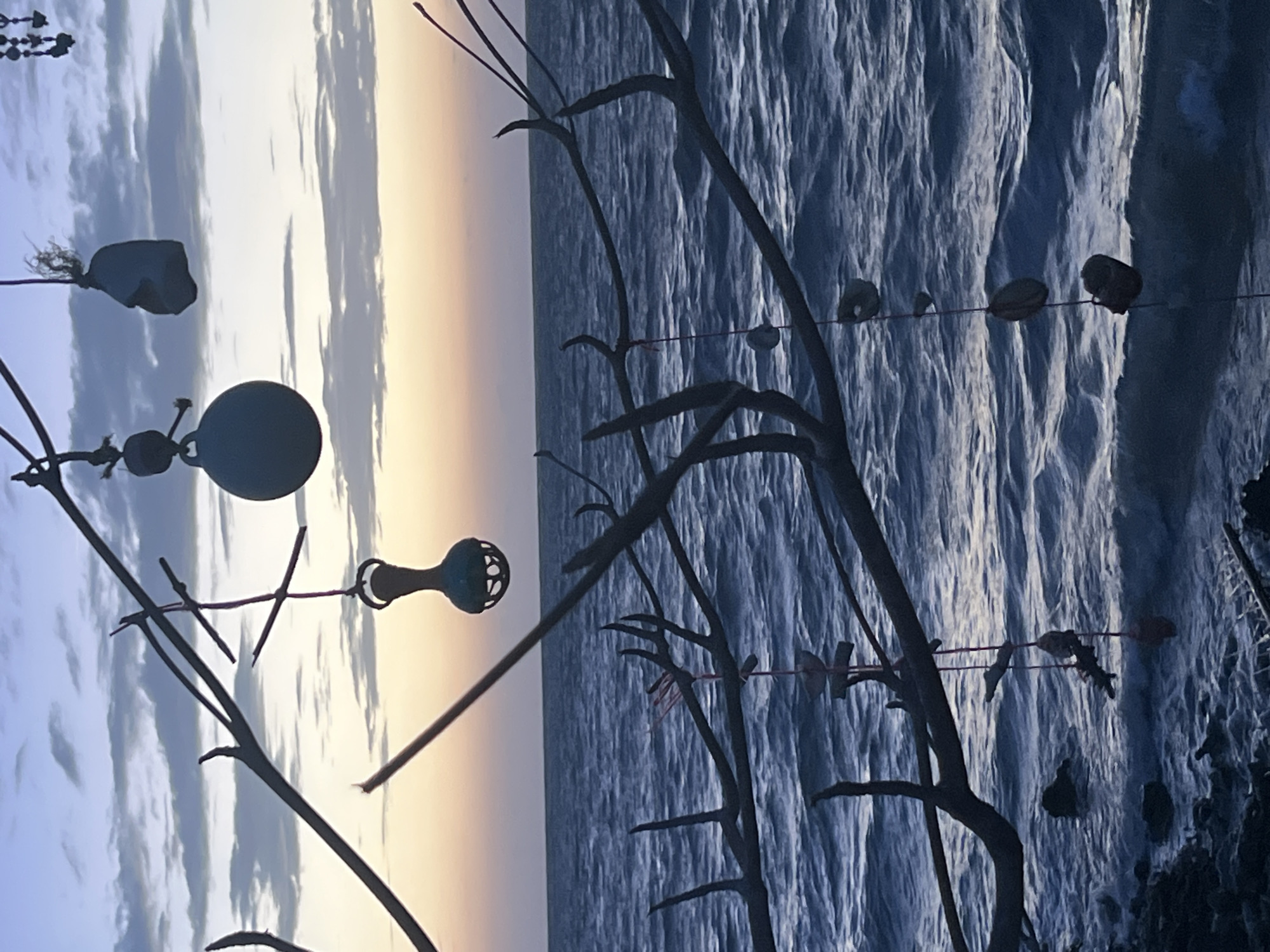 The image depicts a seascape at dusk in the Ko Pha-ngan District of Thailand. The foreground is dominated by the silhouette of dark, bare branches of a tree, some of which are adorned with hanging objects. These objects include what appear to be stones and possibly a bell-like ornament, suspended by thin red strings. The branches extend across the frame, creating a layered effect.
Beyond the branches, a vast expanse of dark blue ocean stretches to the horizon, characterized by choppy waves that catch the fading light. The sea meets a sky that transitions from a pale, dusky orange and yellow at the horizon to soft blues and grays higher up, with wispy clouds scattered across it. The overall atmosphere is serene and slightly mystical, suggesting a natural, possibly coastal setting. There are no people visible in the image.