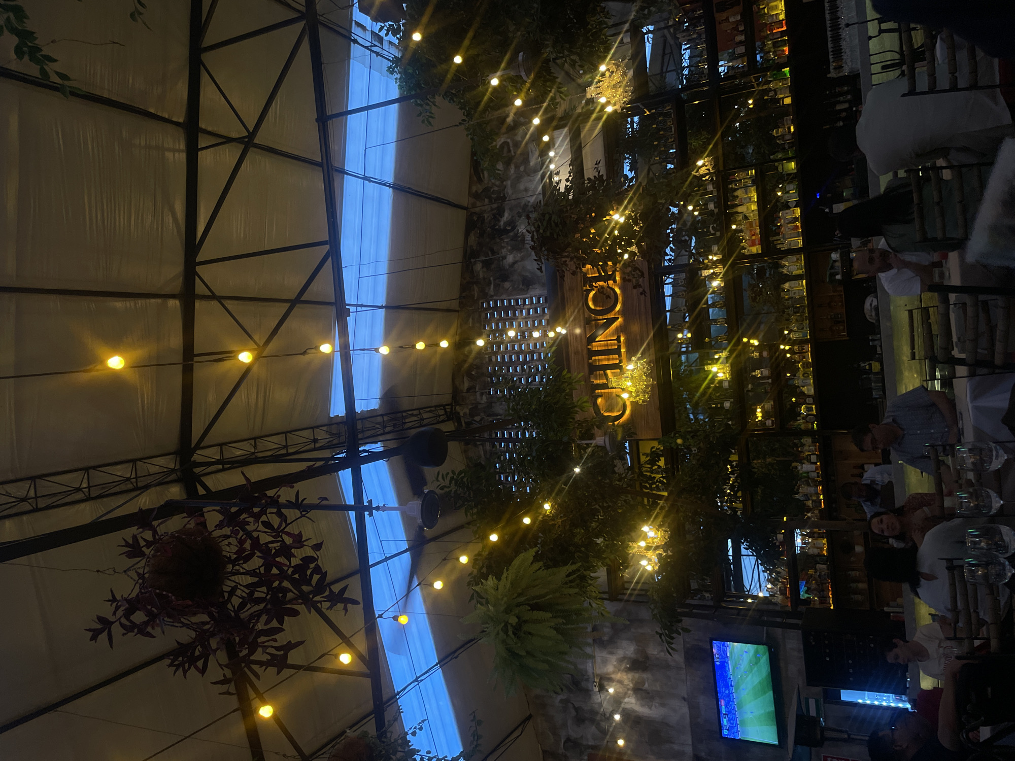 The image shows an indoor restaurant in Puebla, Mexico. The ceiling consists of a metal frame supporting a light-colored fabric or plastic roof. Strings of yellow lights are hung throughout the space. A wall with the word "GINTO" spelled vertically is illuminated, with plants and trees surrounding it. A fully stocked bar with numerous bottles is visible. People are seated at tables, some interacting with each other. A television screen displays a soccer game.