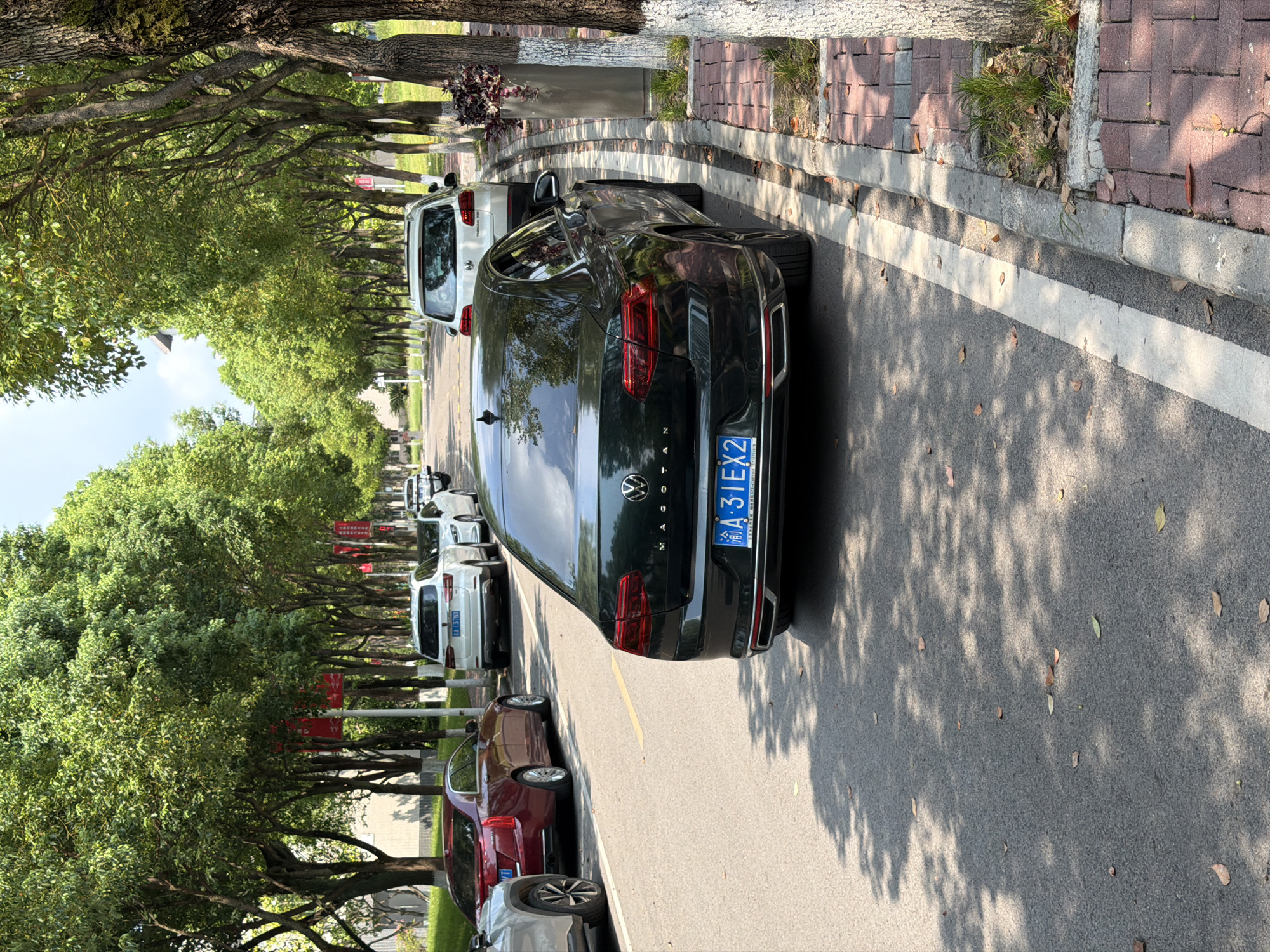The image depicts a street scene in Jiangjin, China, lined with trees casting shadows on the asphalt. Several cars are parked along the side of the road. In the foreground, a dark-colored Volkswagen sedan is parked, its rear visible. Further down the street, a white SUV and other vehicles are also parked. Red banners are hung from lampposts between the trees, suggesting a possible event or cultural display. The sidewalk is paved with bricks, and patches of grass grow along the curb. The overall environment appears to be a well-maintained urban area.