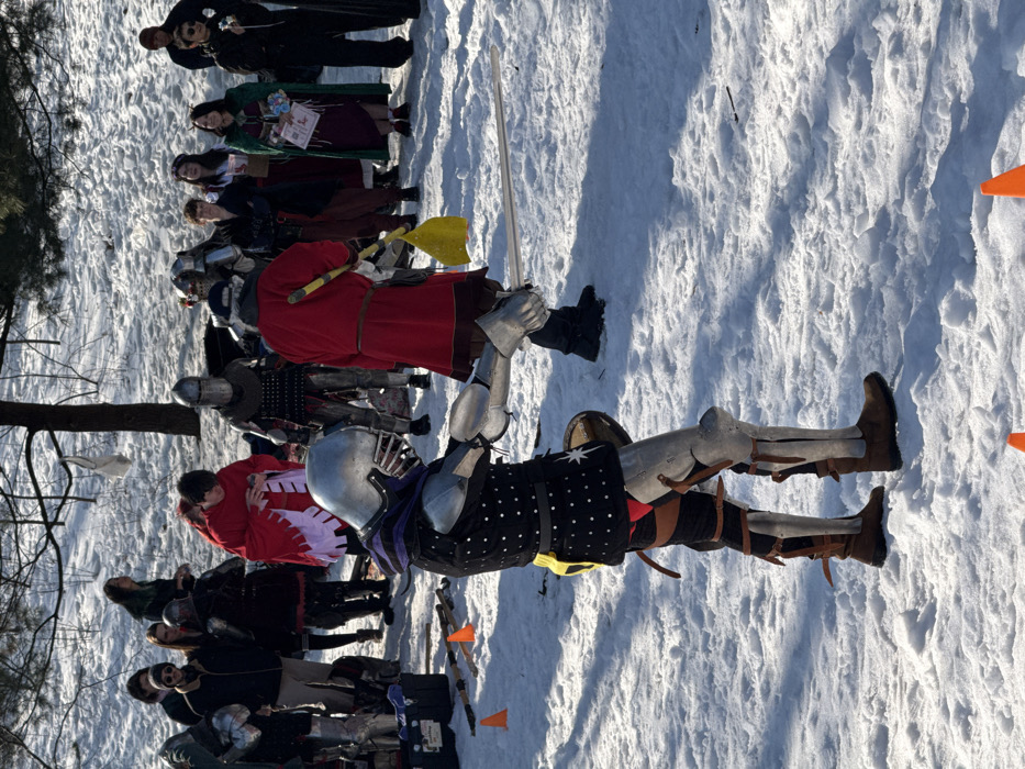 A group of people dressed in medieval attire, including knights in full armor, stand on a snow-covered field. One knight raises a sword. Others wear colorful robes and clothing. Orange cones are scattered throughout the area, possibly marking a designated area. The scene suggests a historical reenactment or a themed event set in a snowy environment.