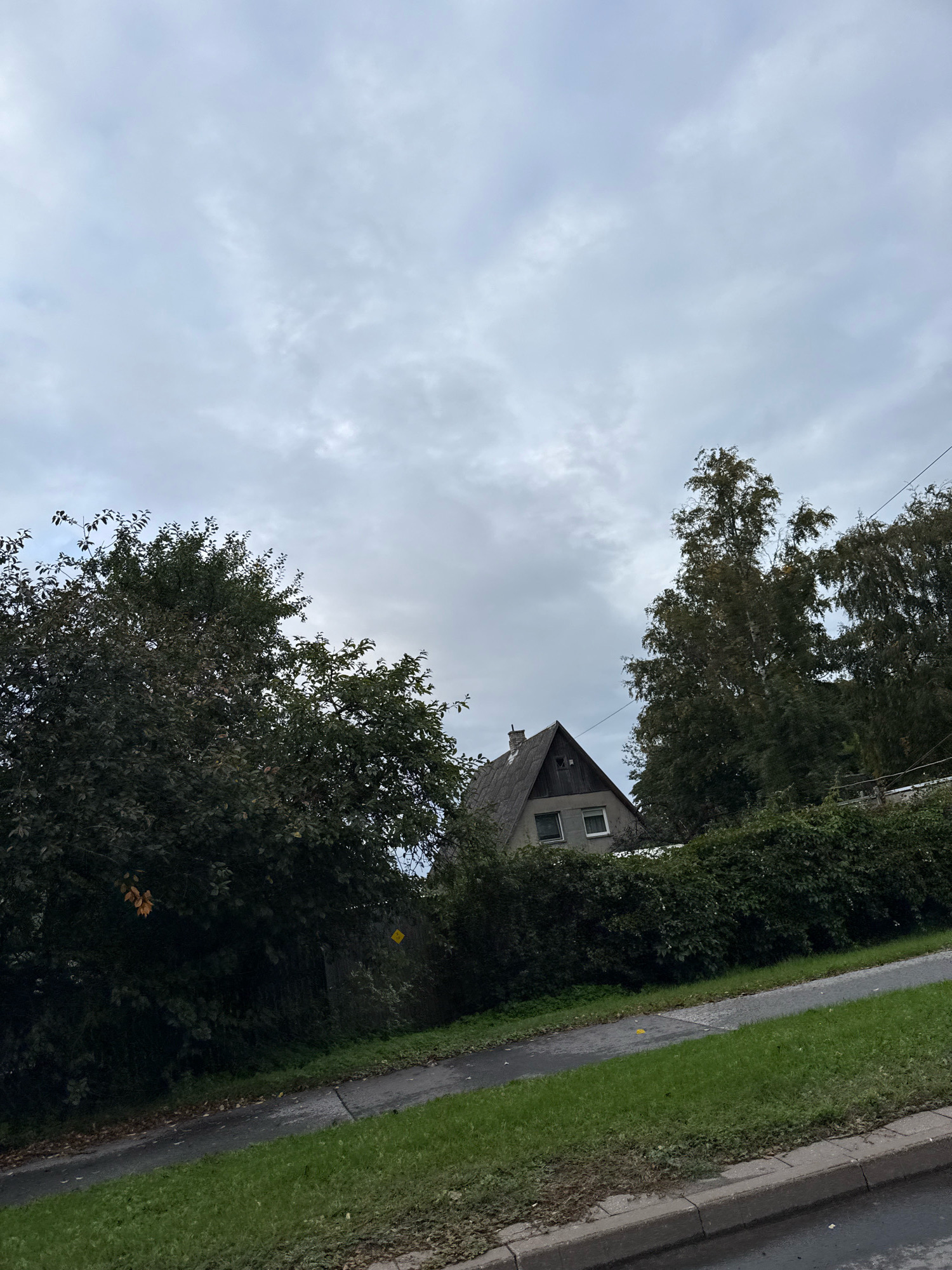 The image depicts a cloudy, overcast day in Tallinn, Estonia, likely during autumn due to the presence of some fallen leaves on the ground. The scene features a residential house with a distinctive steeply pitched, dark gray roof and two visible windows. The house is partially obscured by lush green foliage, including dense bushes and trees. A paved pathway or sidewalk runs diagonally across the foreground, bordered by a strip of green grass and a concrete curb. A road, also paved, is visible adjacent to the sidewalk. In the background, taller trees with dense canopies contribute to the overall sense of a suburban or semi-rural setting. There are no people or animals visible in the image. The overall impression is one of a quiet, residential area under a somber sky.