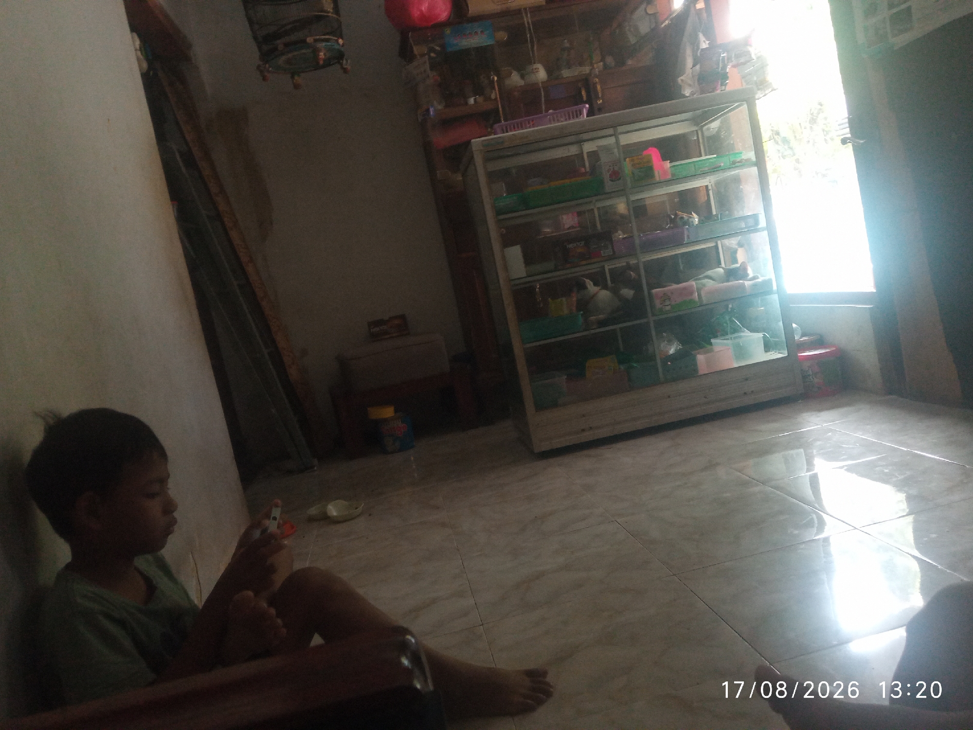 In Probolinggo, Indonesia, a young boy sits on the floor in what appears to be a residential room. He is leaning against a wall and is holding a small object, possibly a phone or toy, in his hands. The room contains a glass display cabinet filled with various items, a birdcage hanging from the ceiling, and furniture. The floor is tiled, and natural light streams in from a window, creating reflections. The timestamp "17/08/2026 13:20" is visible in the lower right corner of the image.