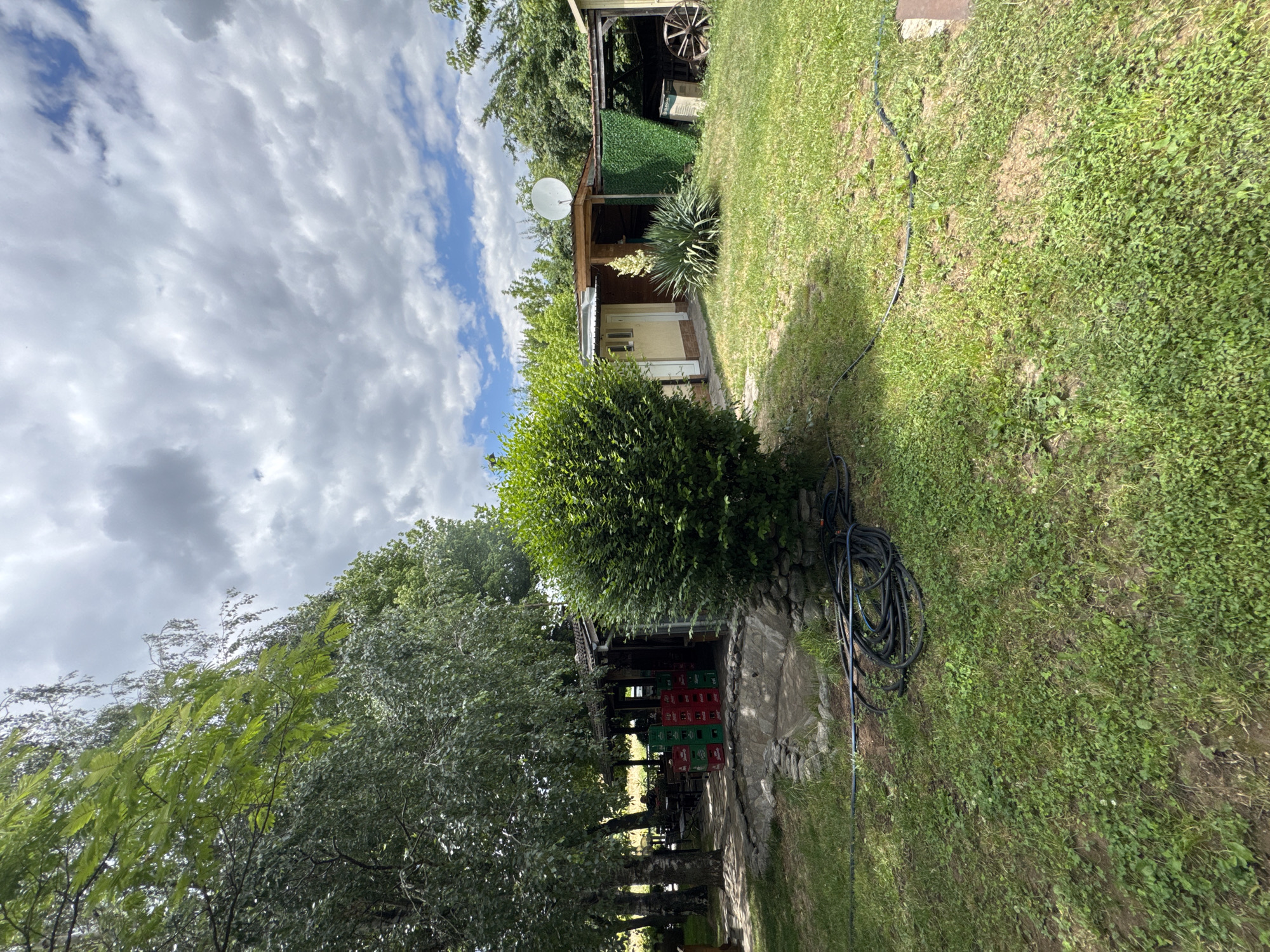 A wide-angle, eye-level outdoor shot depicts a yard with a small building and a covered patio area. The yard is predominantly covered in green grass, with some bare patches of dirt. A black garden hose is coiled on the grass in the foreground. To the left, several tall trees with green foliage create shade over a stone-lined area with tables and chairs, suggesting an outdoor seating area. A stack of red and green crates, likely containing beverages, is visible near the building.
The building itself is light yellow with a brown roof. Adjacent to it is a covered structure with a corrugated metal roof, extending to the right. A large yucca plant with a white bloom stands in front of the building. Further to the right, a green artificial hedge is visible, and behind it, a dark-colored wooden wagon wheel is propped up. A satellite dish is mounted on the roof of the covered structure. The sky above is filled with a mix of white and gray clouds, with patches of blue sky visible. The scene is consistent with a casual outdoor establishment, such as a small cafe or a backyard gathering space, in a rural setting like Radilovo, Bulgaria. There are no people visible in the image.