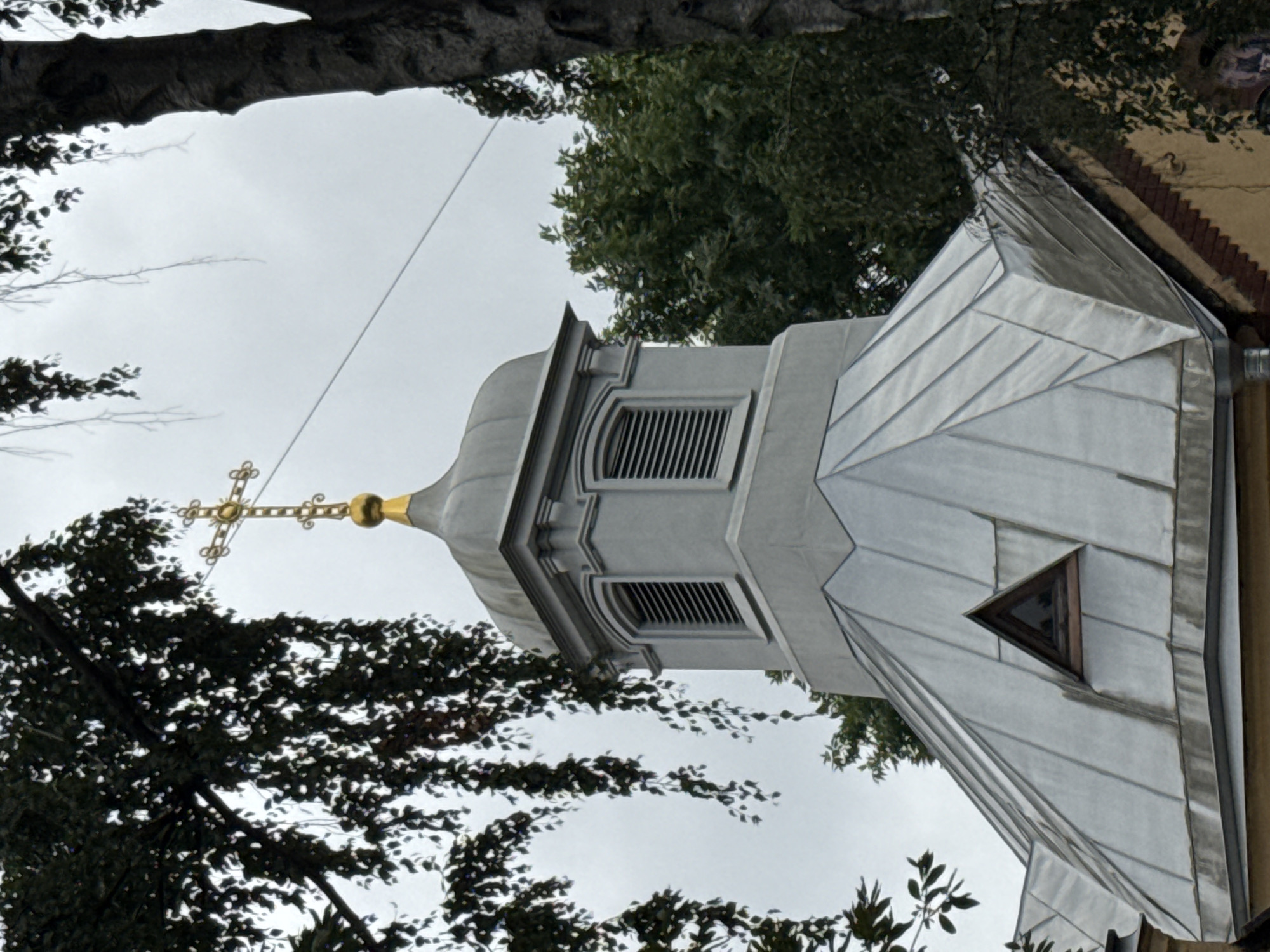 The image shows a close-up view of the dome and roof of a building, likely a church, against a cloudy sky. The dome is grey and topped with a golden Orthodox cross. Below the dome, there are square windows with louvers. The roof is made of grey metal panels and features a small triangular window. Trees with dark green leaves frame the scene on the left and right. One tree trunk is visible on the right. The building's lower section, visible at the bottom, has a yellow facade and a brick detailing. A thin wire stretches across the upper portion of the image. The scene is static and appears to be an exterior shot taken during the daytime. The architectural style and the presence of the Orthodox cross suggest a location in Russia, and the mention of Saint Petersburg in the prompt indicates this specific city.